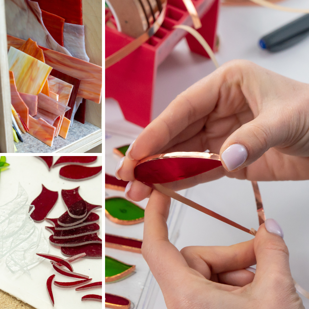 Crafting stained glass cardinal step-by-step with copper foil wrapping around red and green glass parts.