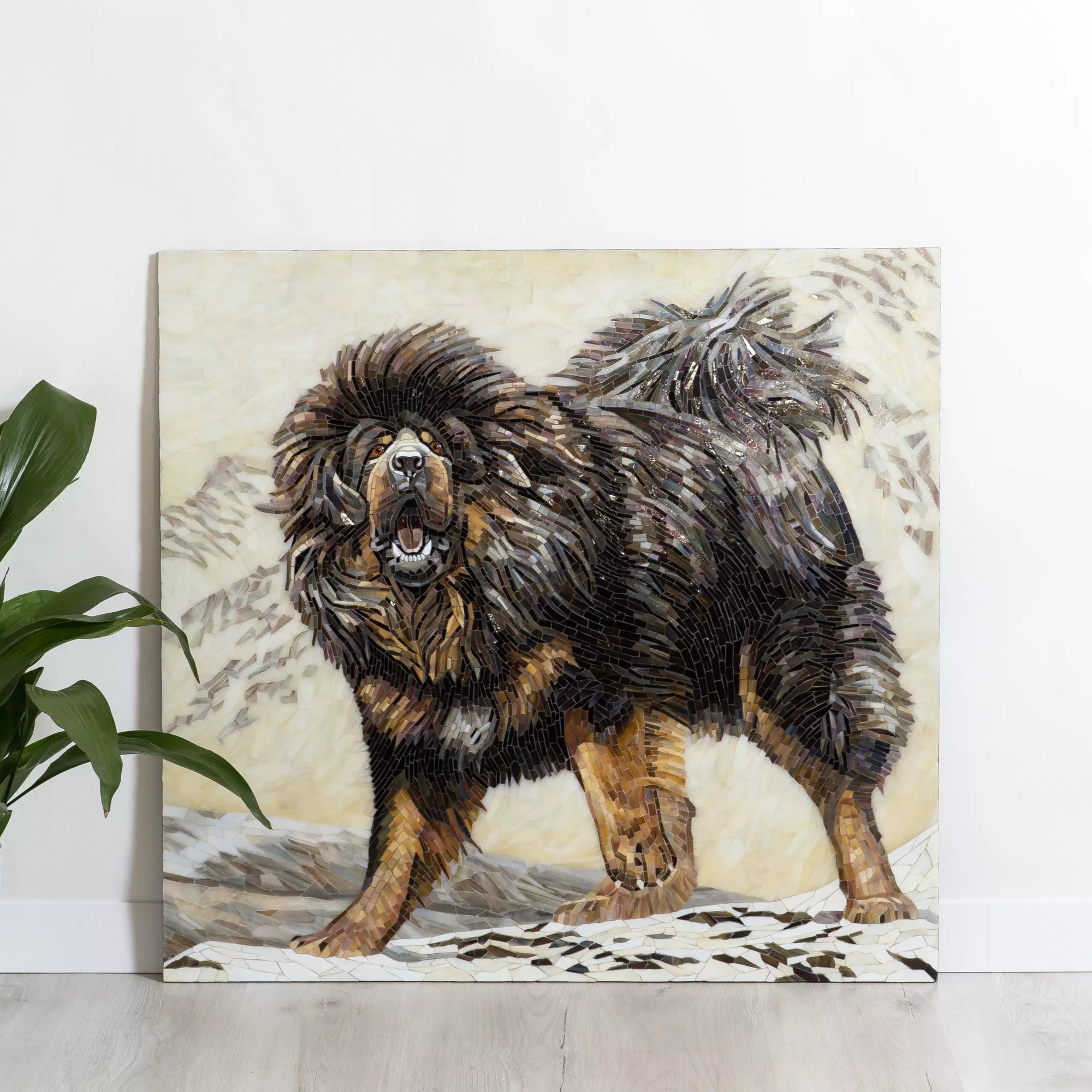 Stained glass mosaic Mastiff with geometric glass pieces in earthy tones, ideal for rustic dog-themed wall decor.