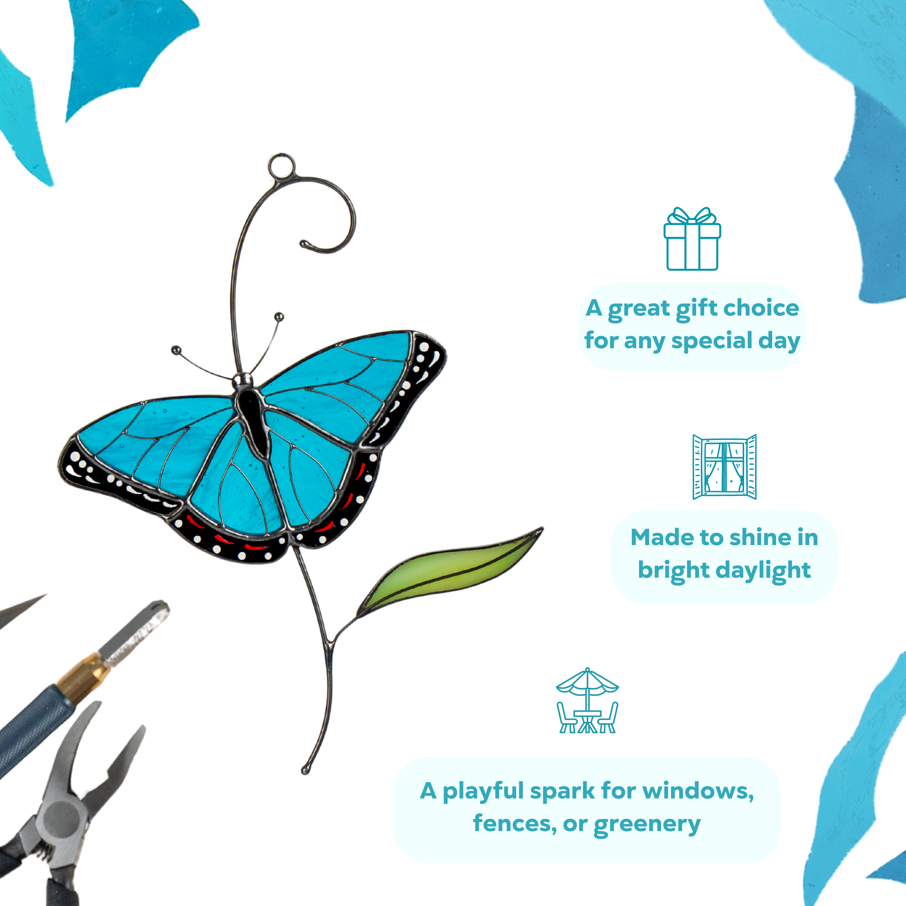 Infographic featuring blue stained glass morpho butterfly with gift and decor suggestions.
