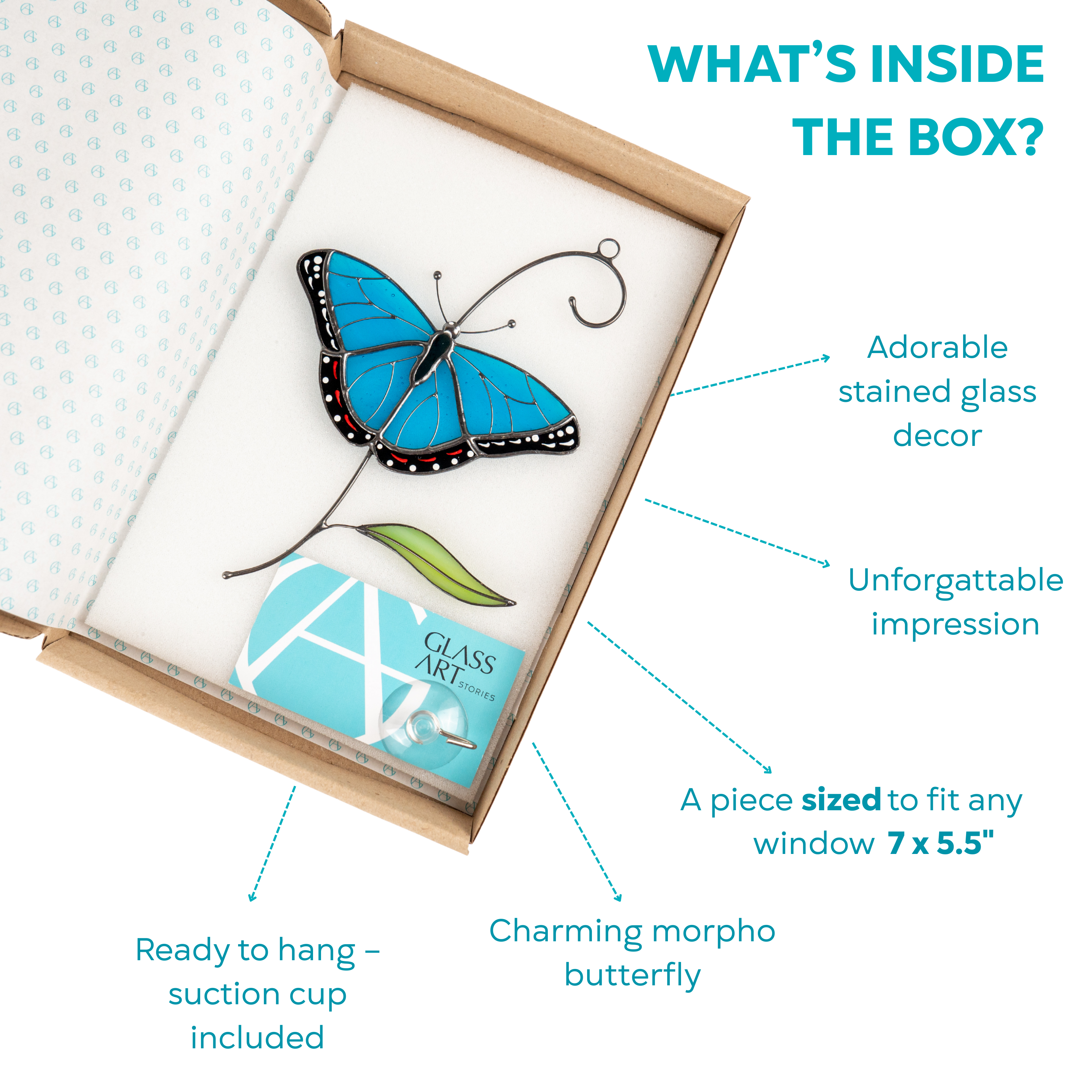 Blue morpho butterfly stained glass decor in a branded box with suction cup.
