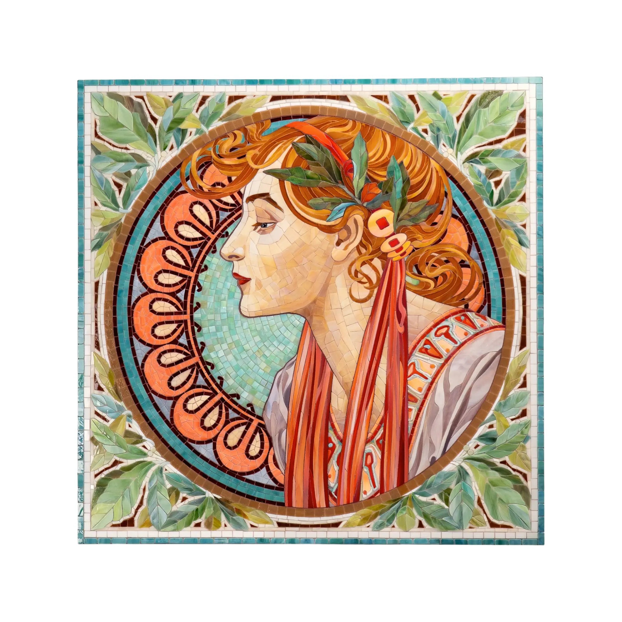 Decorative mosaic inspired by Alphonse Mucha with a stylized portrait of a woman with red hair and leaves, on a white background.