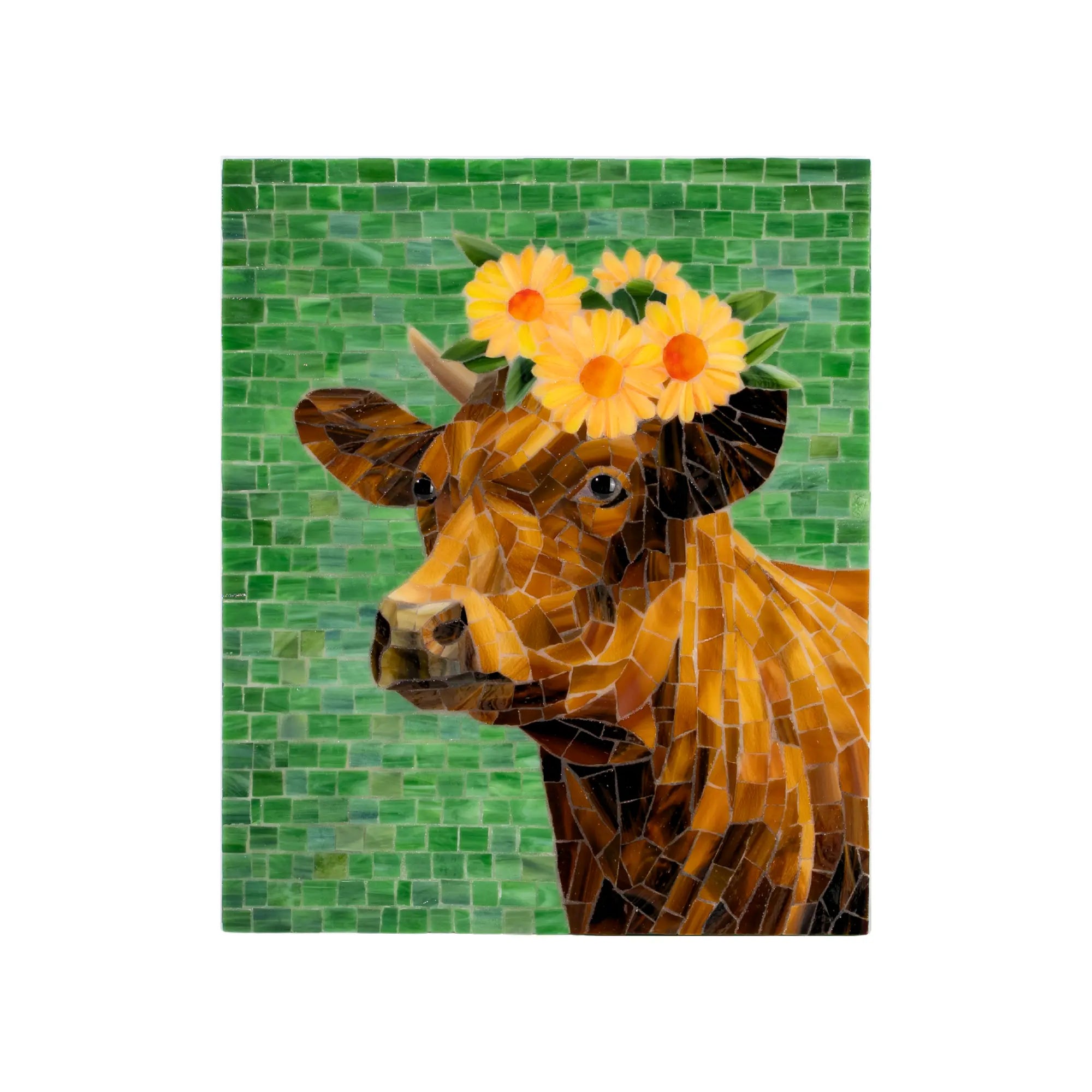 Stained glass mosaic art of a cow with flowers on its head against a green background