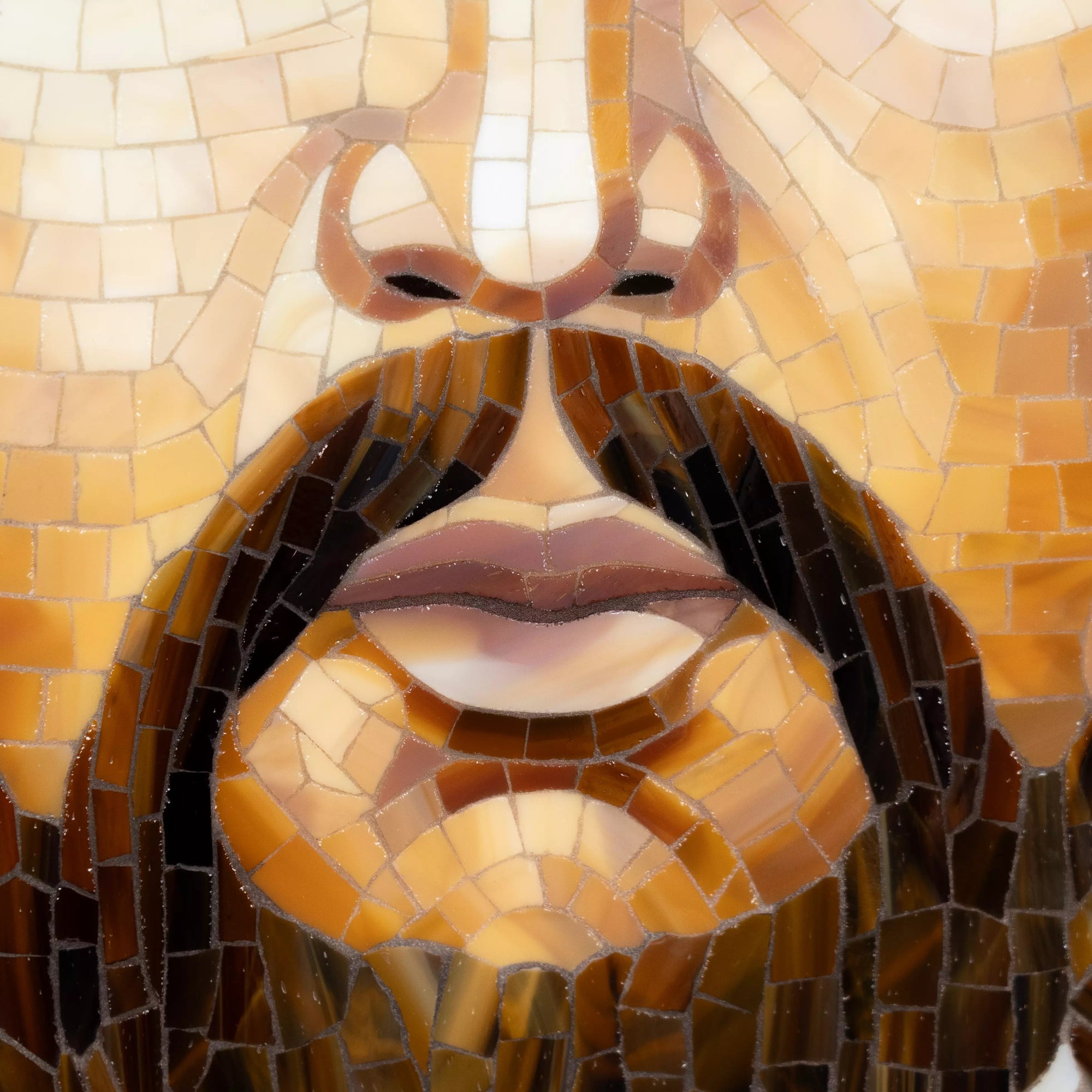 Stained glass mosaic art of a face with a focus on lips and beard