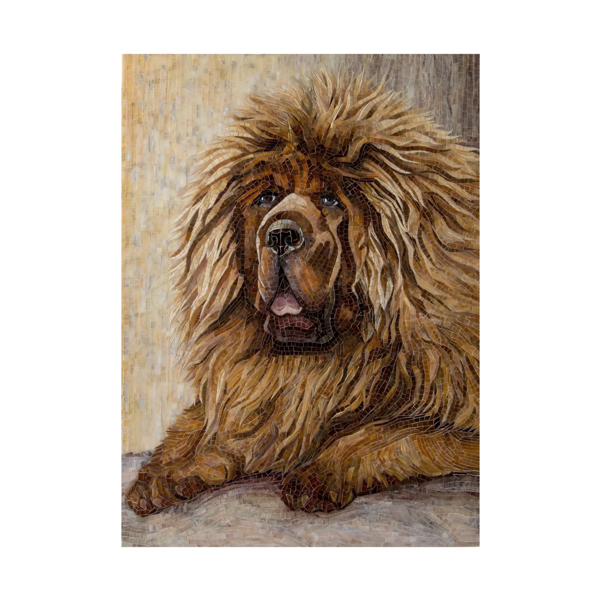 Close-up mosaic artwork of a Tibetan Mastiff lying down with detailed amber and chestnut fur