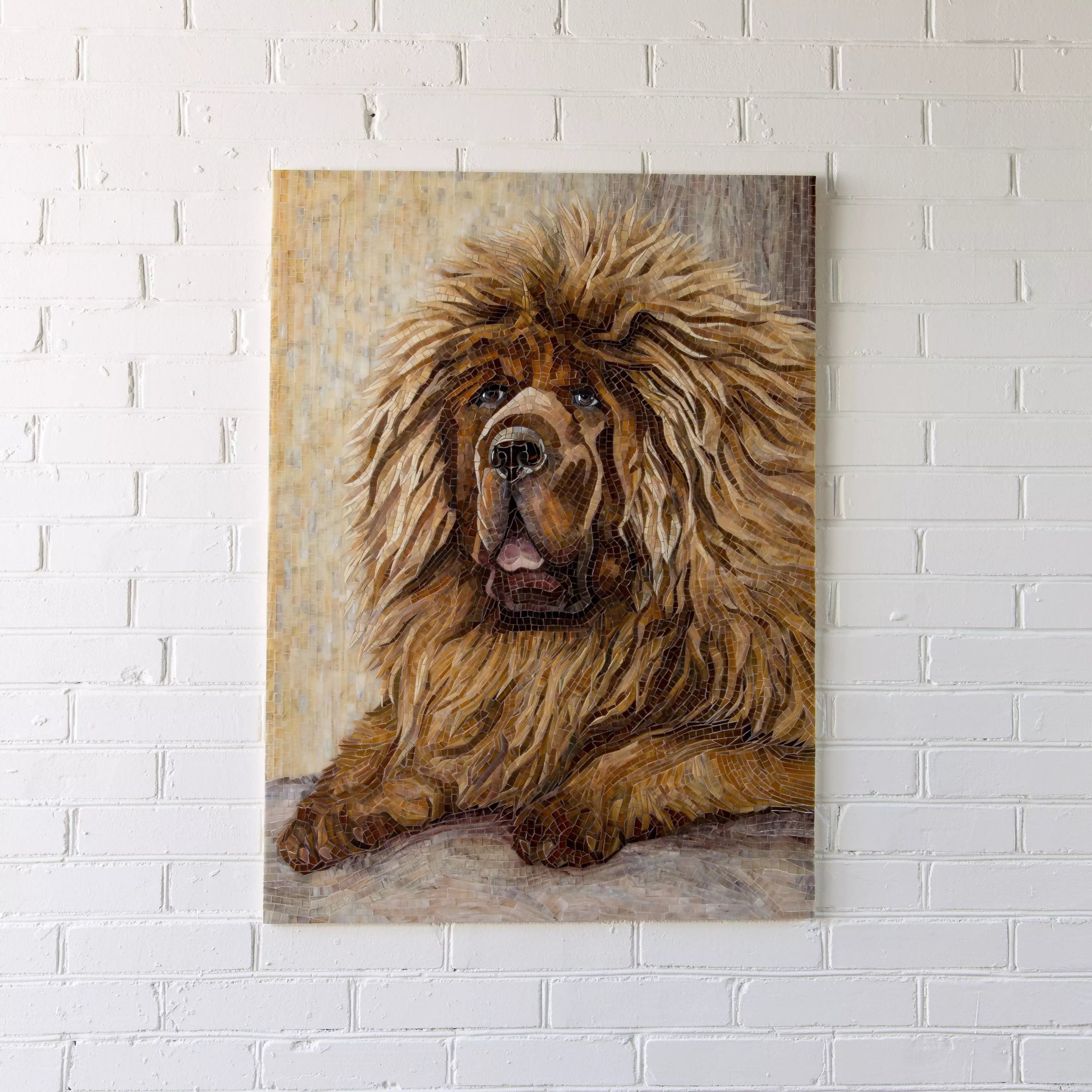 Front view of a detailed mosaic featuring a Tibetan Mastiff with rich fur tones on white brick wall