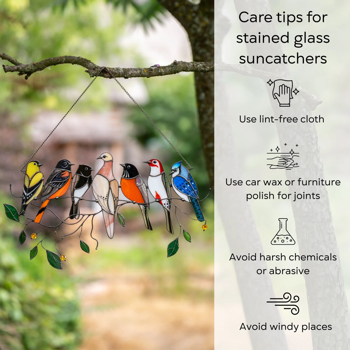 A stained glass suncatcher with seven birds hanging on a tree branch, accompanied by illustrated care tips on the right side of the image: use lint-free cloth, polish joints with car wax or furniture polish, avoid harsh chemicals, and windy places.