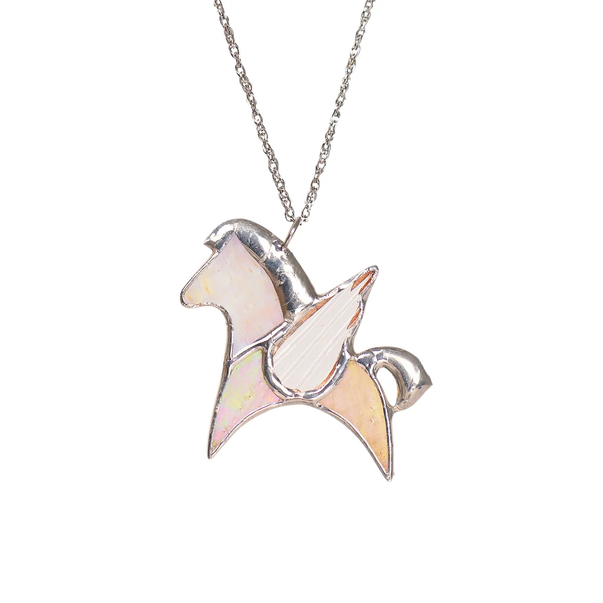 Necklace with an iridescent stained glass pegasus pendant on a white background