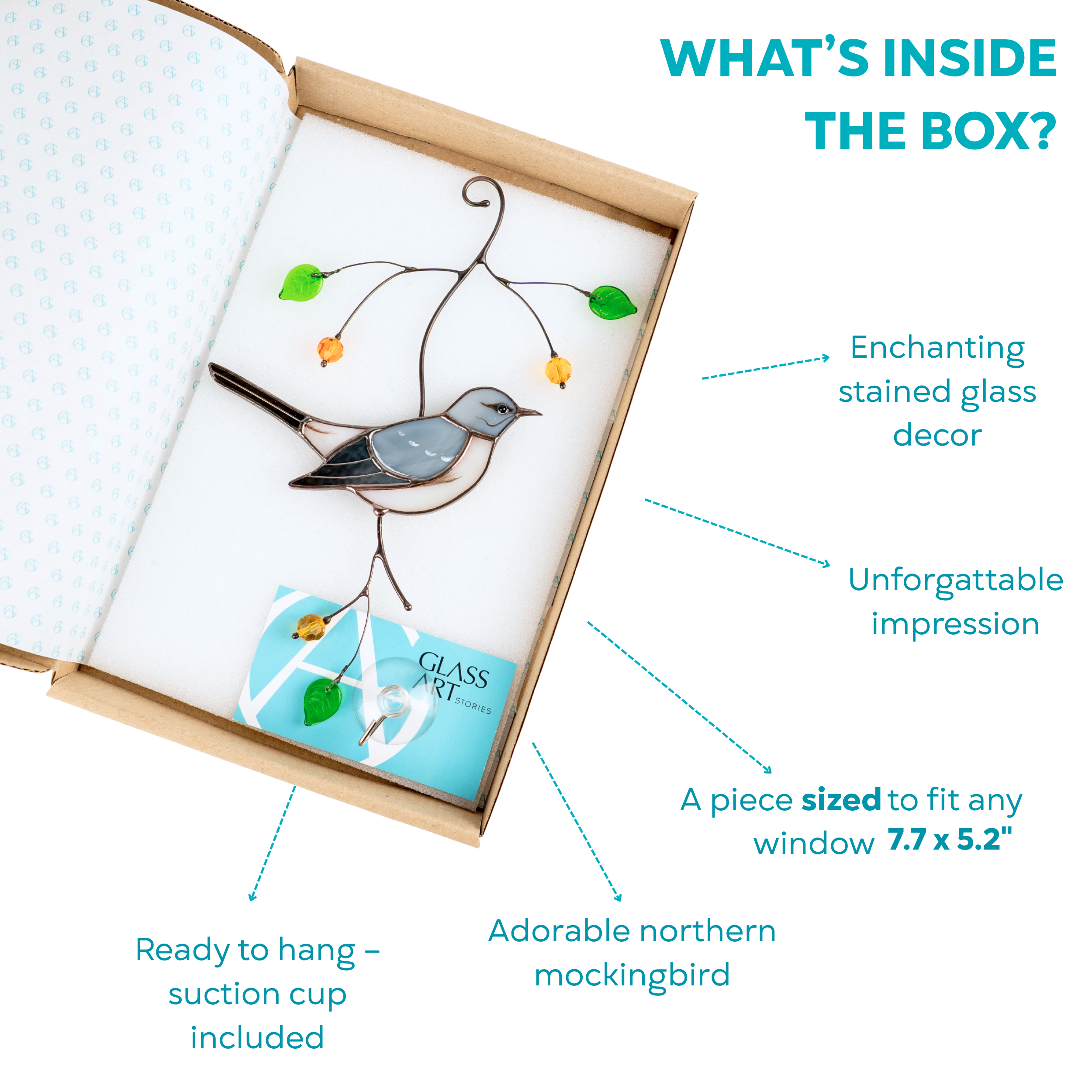 Stained glass mockingbird displayed in open branded box with hanging suction cup included.
