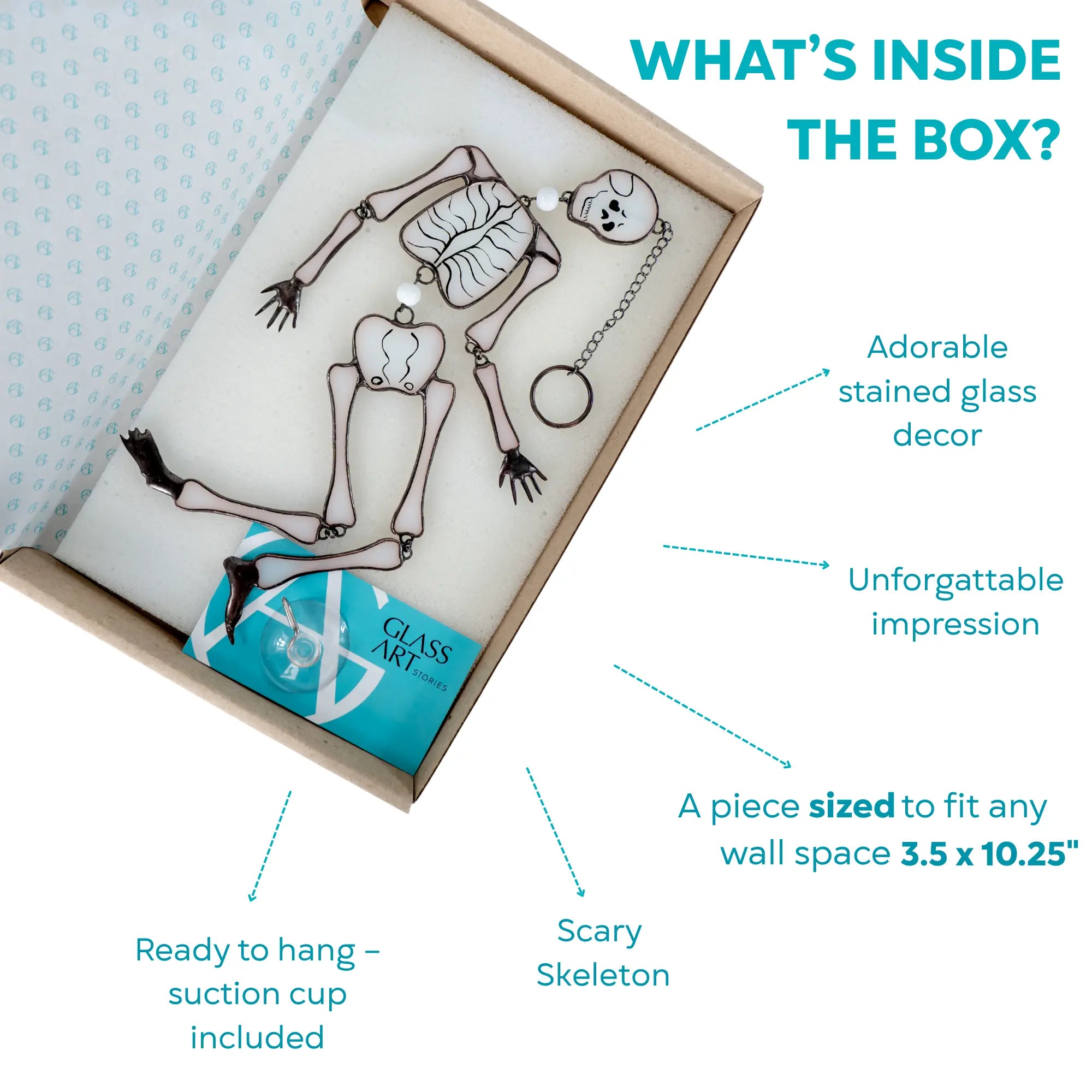 Box contents showing packed stained glass skeleton and mounting kit