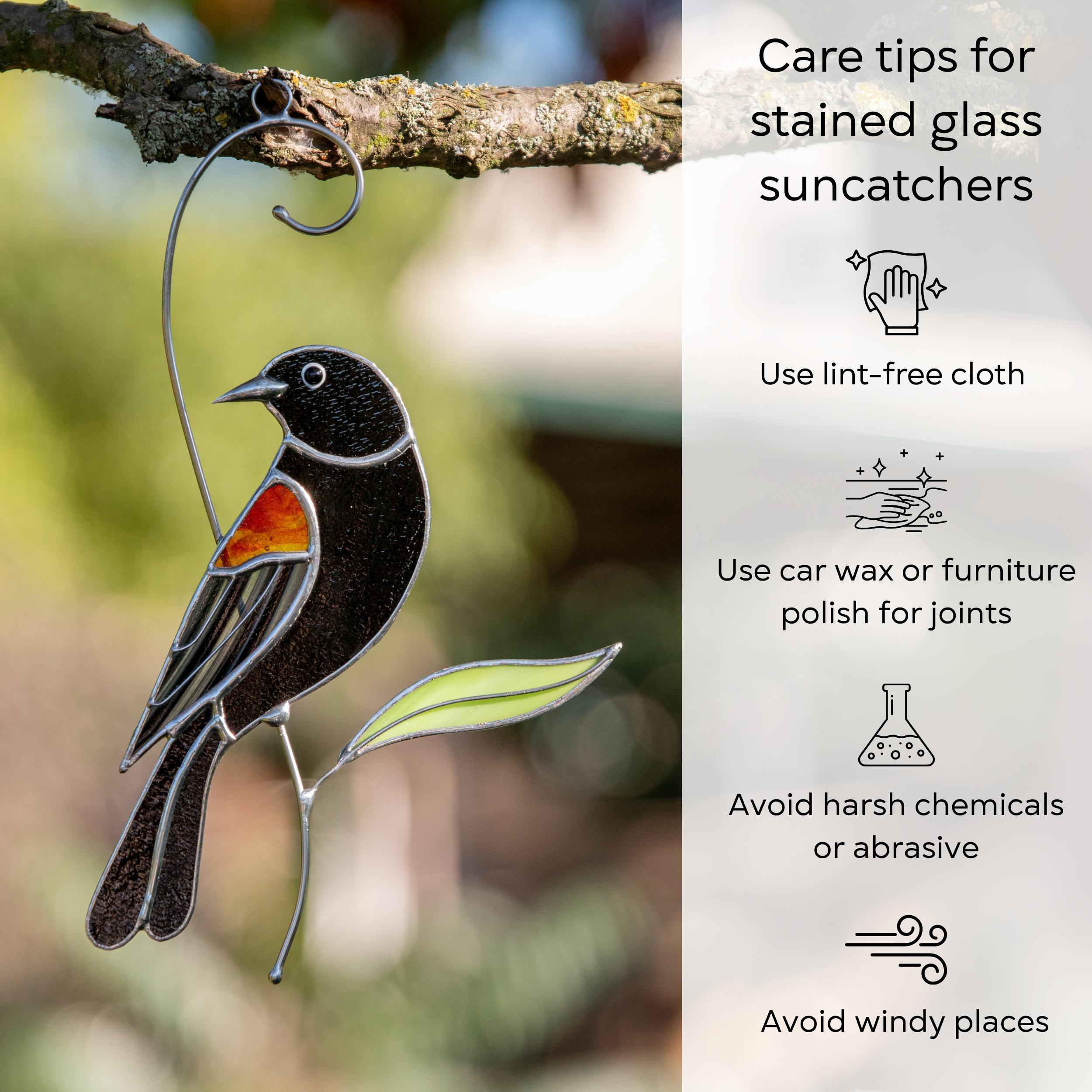 Stained glass blackbird suncatcher outdoors, displaying orange wing and care instructions for maintenance: use lint-free cloth, use wax polish for joints, no harsh cleaners, avoid wind.