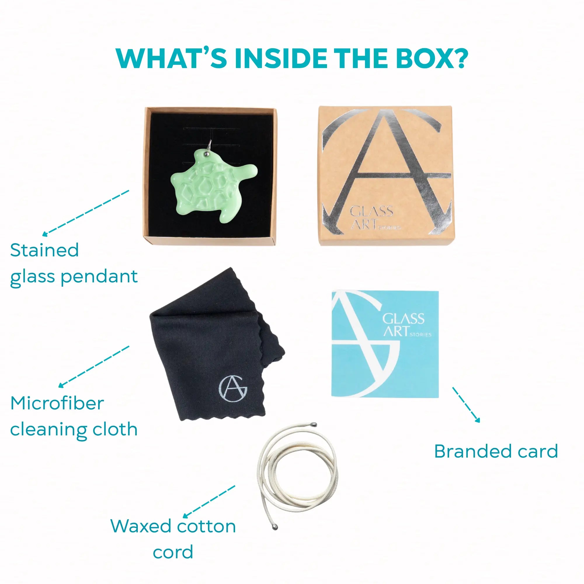 Items included in a box with stained glass pendant, microfiber cleaning cloth, waxed cotton cord, and branded card.