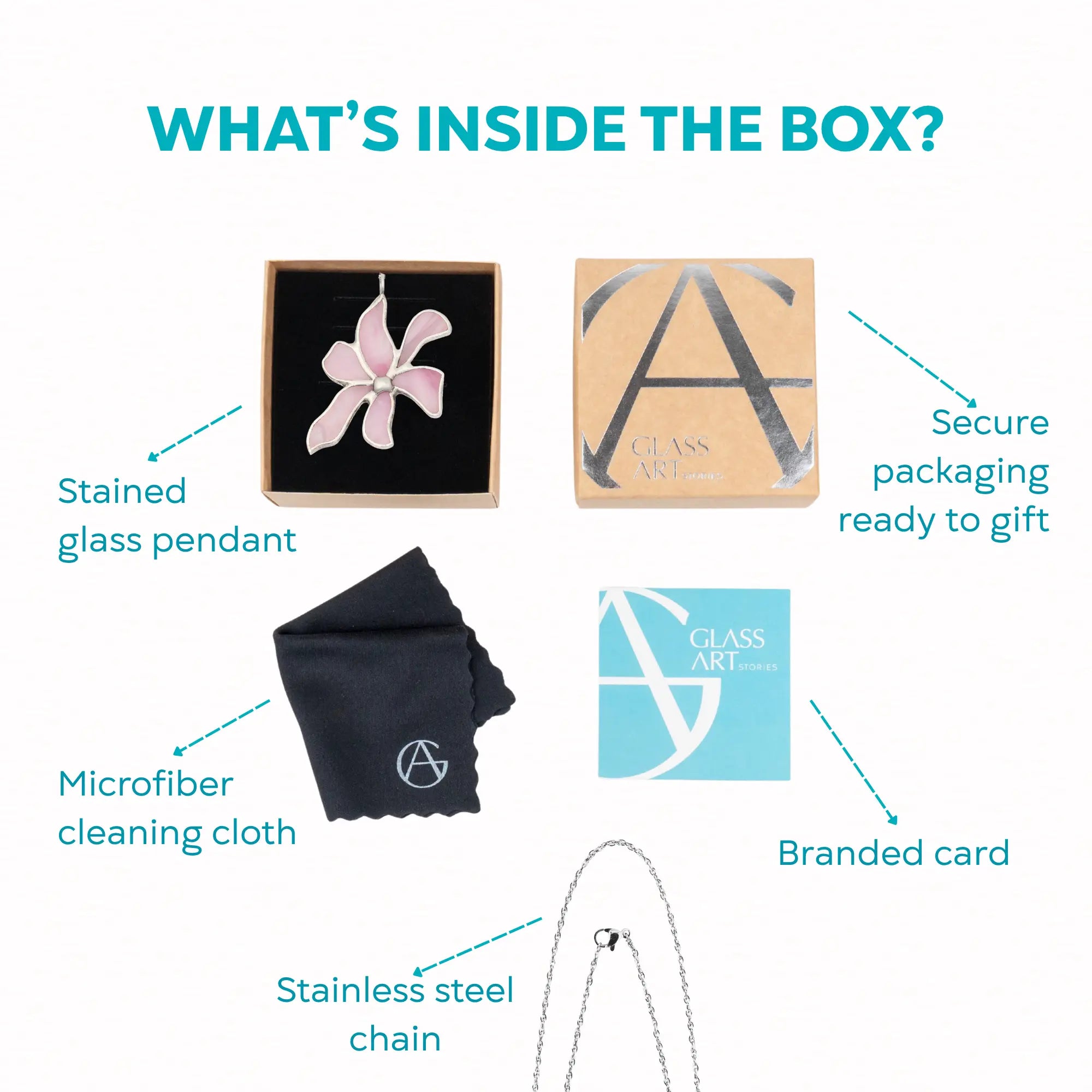 Product packaging with stained glass pink pendant, microfiber cleaning cloth, stainless steel chain, and branded card on a white background.