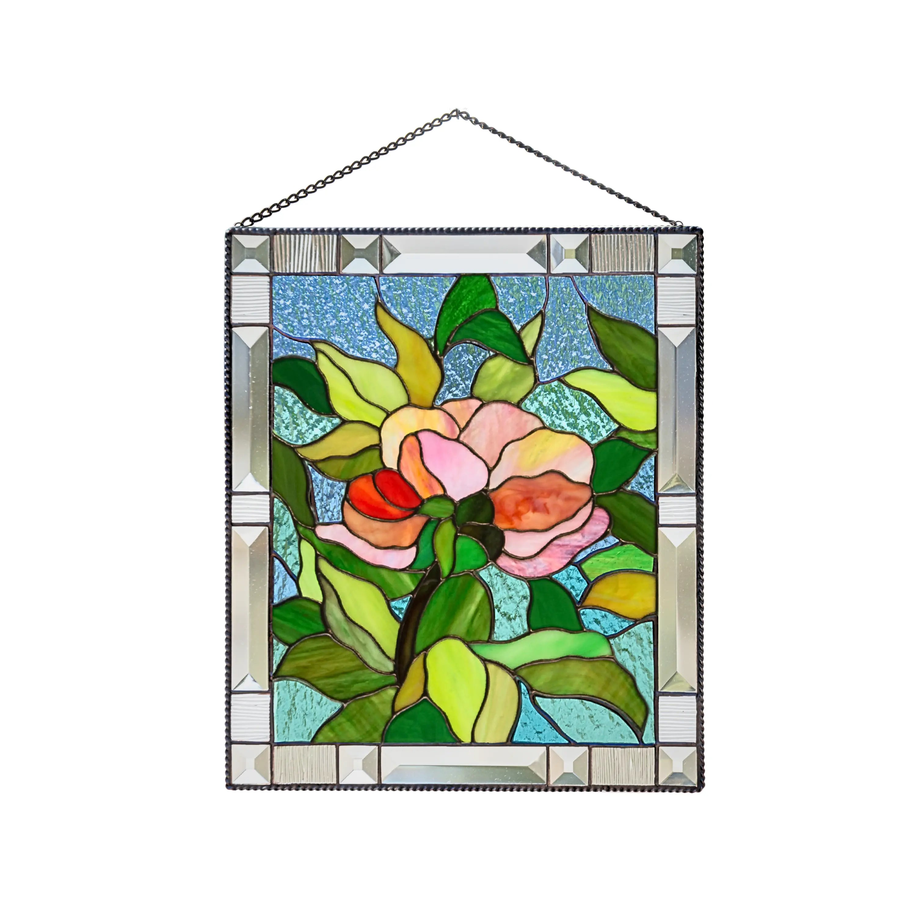 Stained glass panel with floral design on a white background