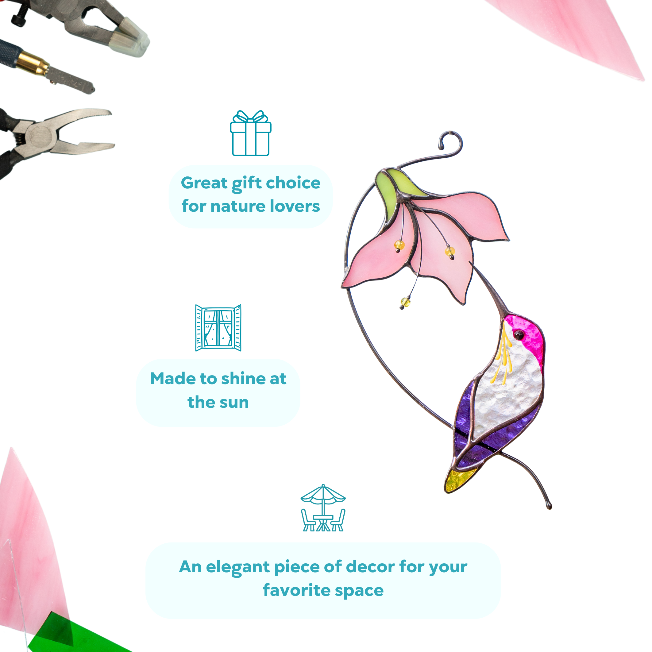 A stained glass suncatcher of a hummingbird and flower featured as a perfect gift idea