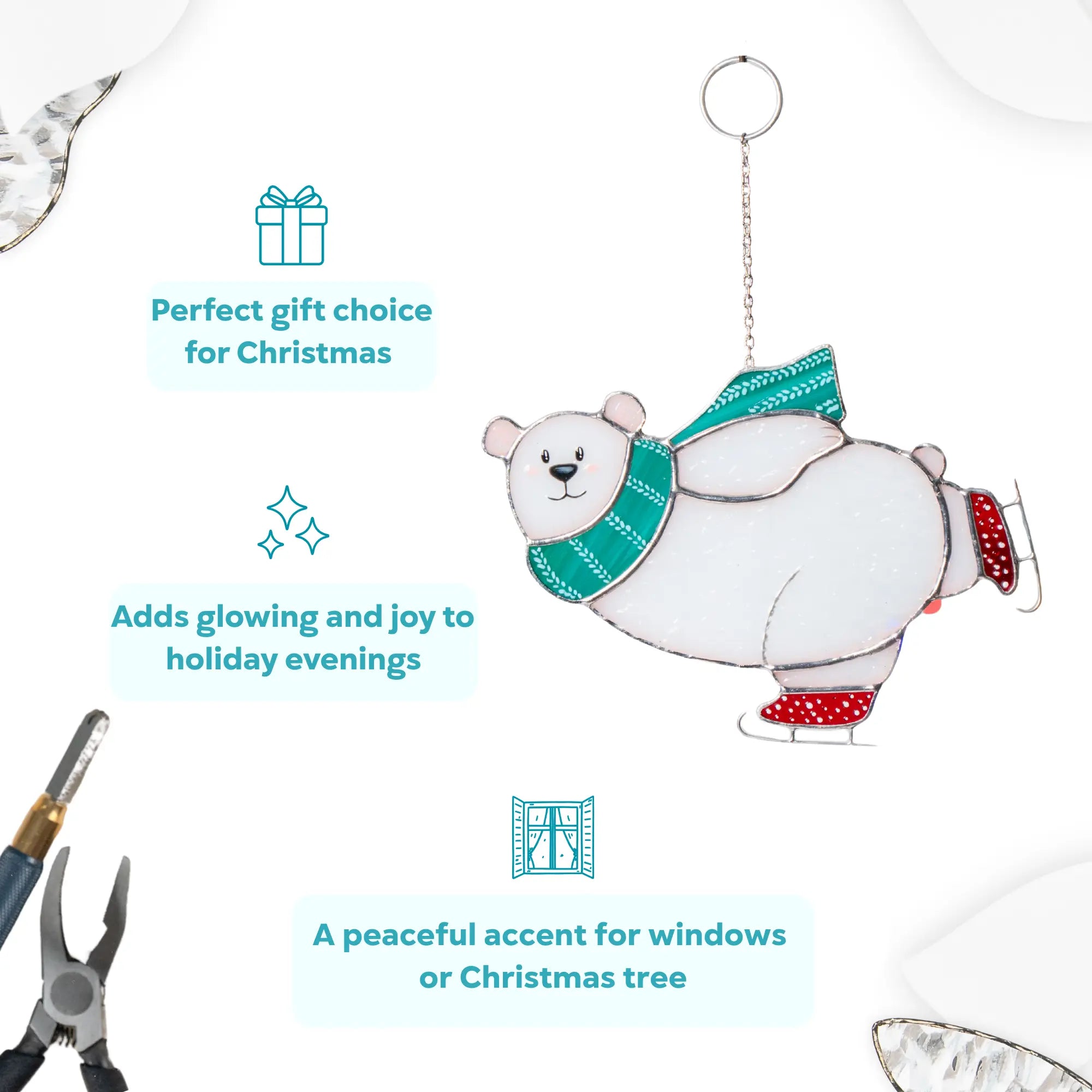 Polar bear on a skates stained glass ornament as a perfect gift choice for Christmas
