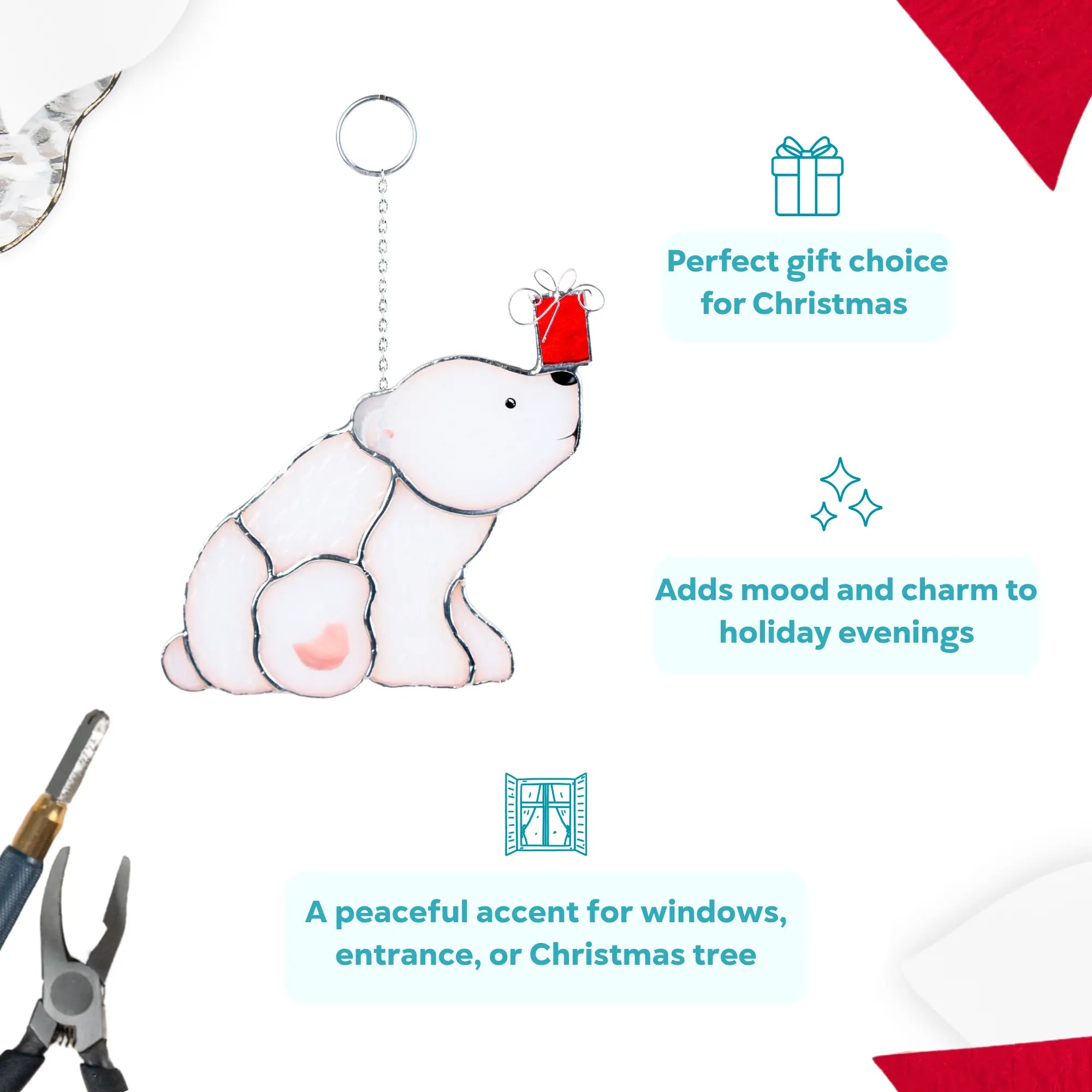 Polar bear stained glass suncatcher with a gift on as a perfect choice for Christmas gift