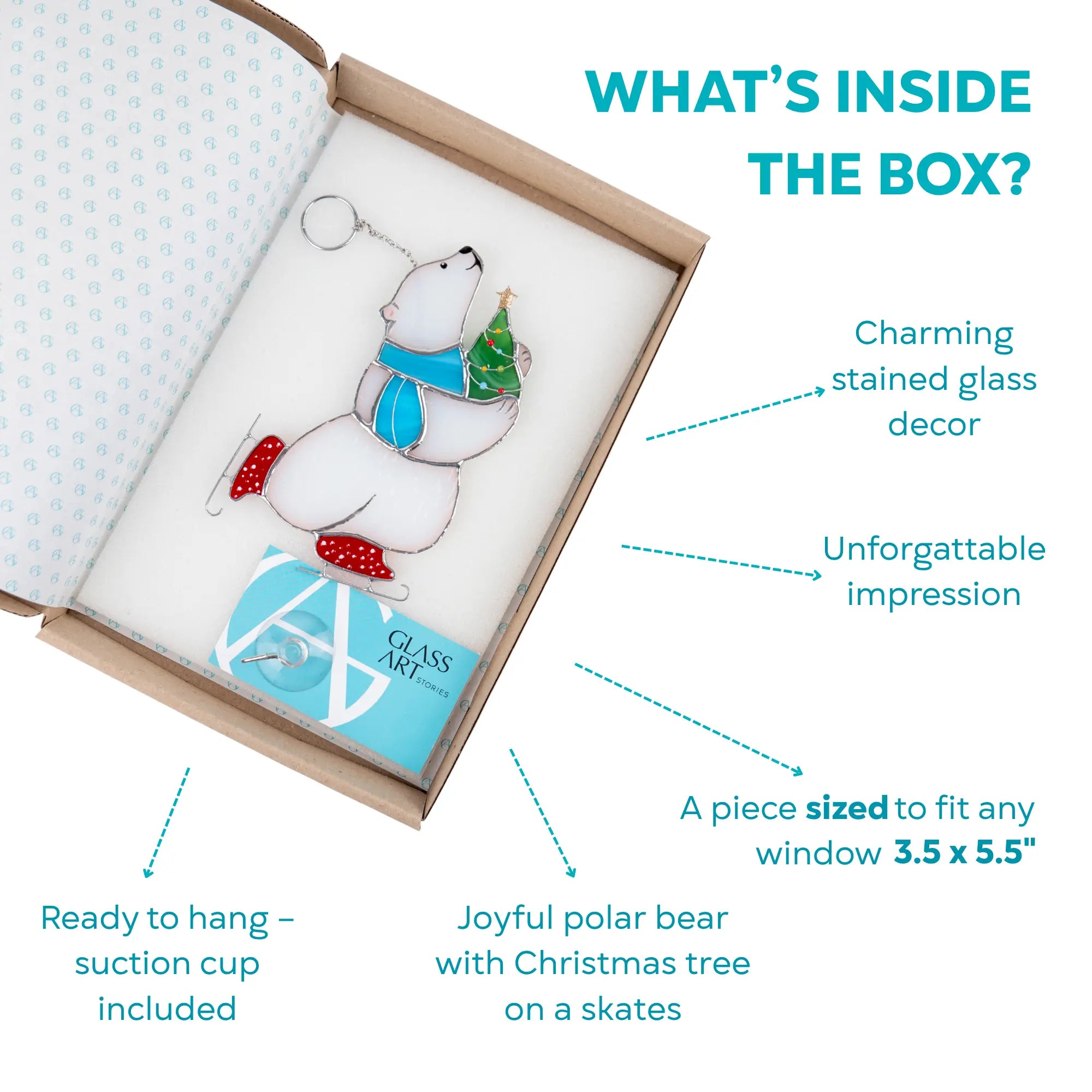 Polar bear with Christmas tree stained glass decor in a box with branded card and suction cup included