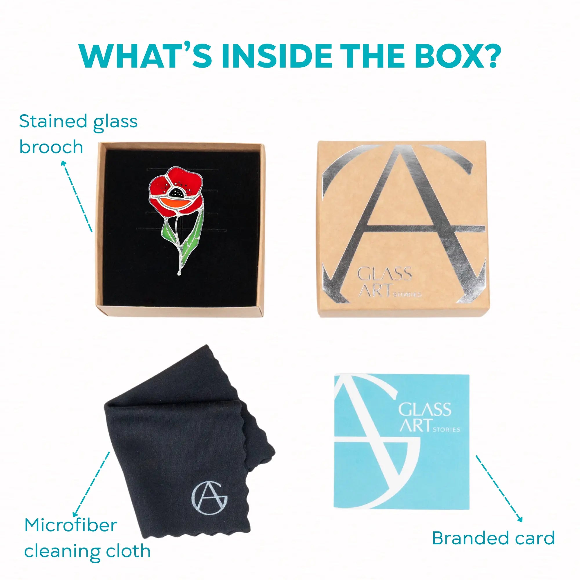 Product packaging with stained glass brooch, microfiber cleaning cloth, and branded card on a white background.