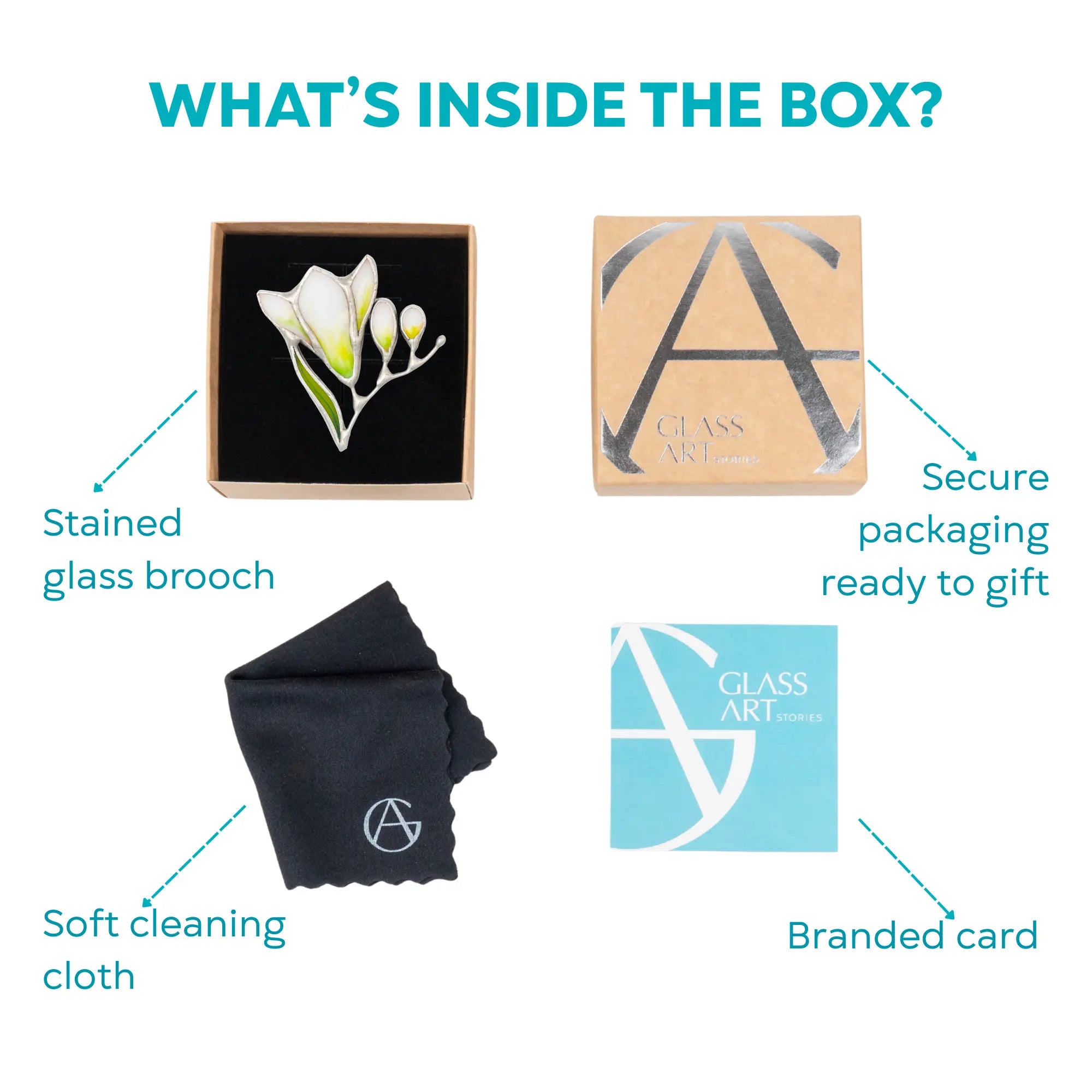 Infographic showing product packaging with stained glass brooch, soft cleaning cloth, branded card, and secure packaging.