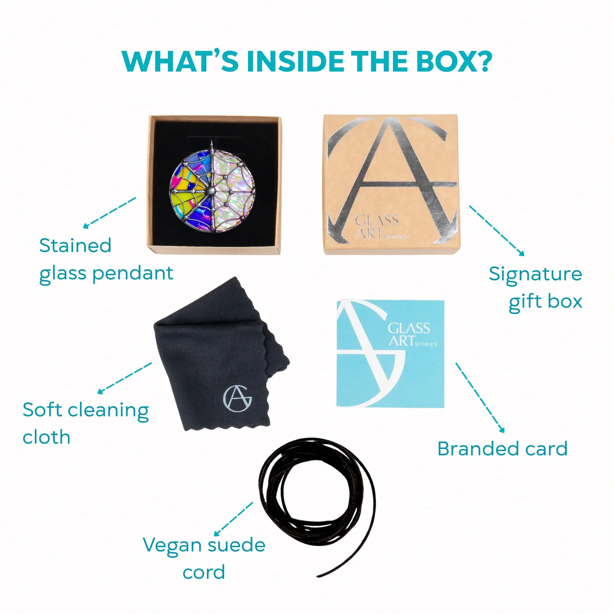 Components of packaging with stained glass pendant, soft cleaning cloth, vegan suede cord, branded card, and gift box.