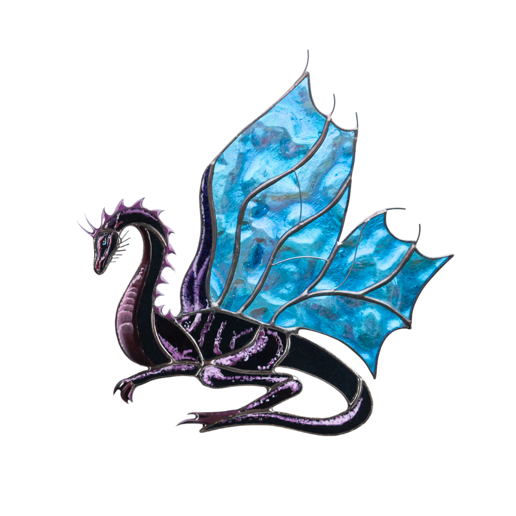 Stained glass suncatcher purple dragon with blue voluminous wings