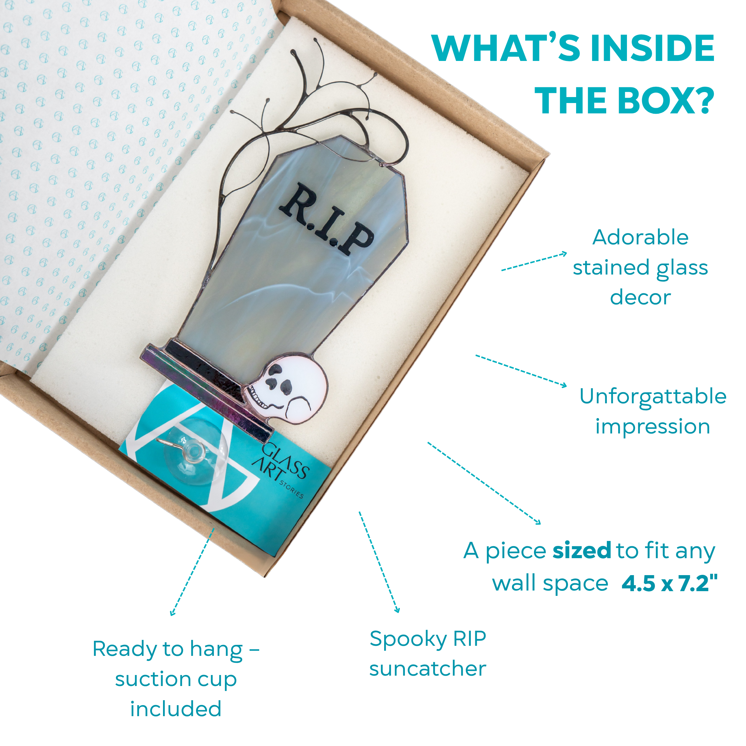 Photo of boxed tombstone suncatcher with skull and labeled infographic: sized 4.5 x 7.2 inches, gift-ready, included suction cup and GlassArtStories card.
