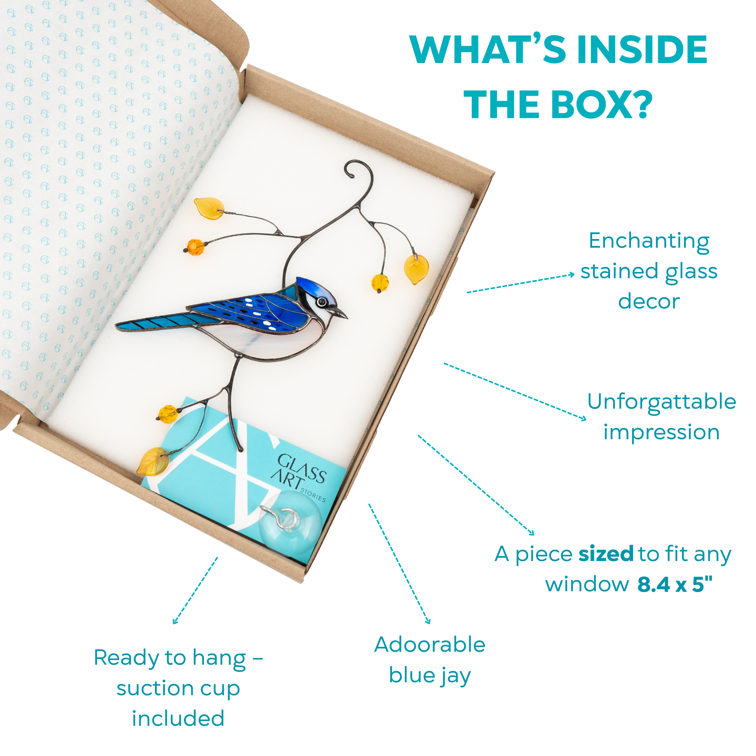 Boxed stained glass blue jay suncatcher with suction cup, card, and labeled features like size and gift-ready packaging.