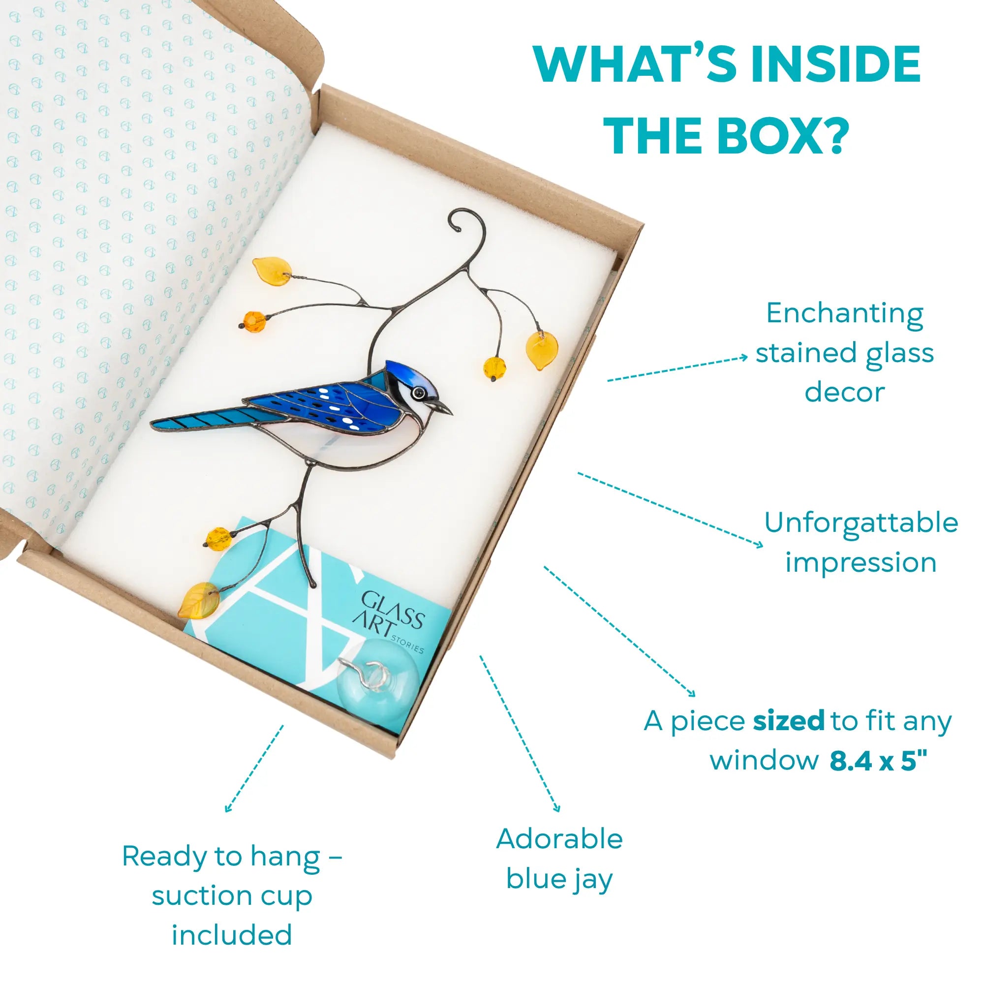 Boxed stained glass blue jay suncatcher with suction cup, card, and labeled features like size and gift-ready packaging.