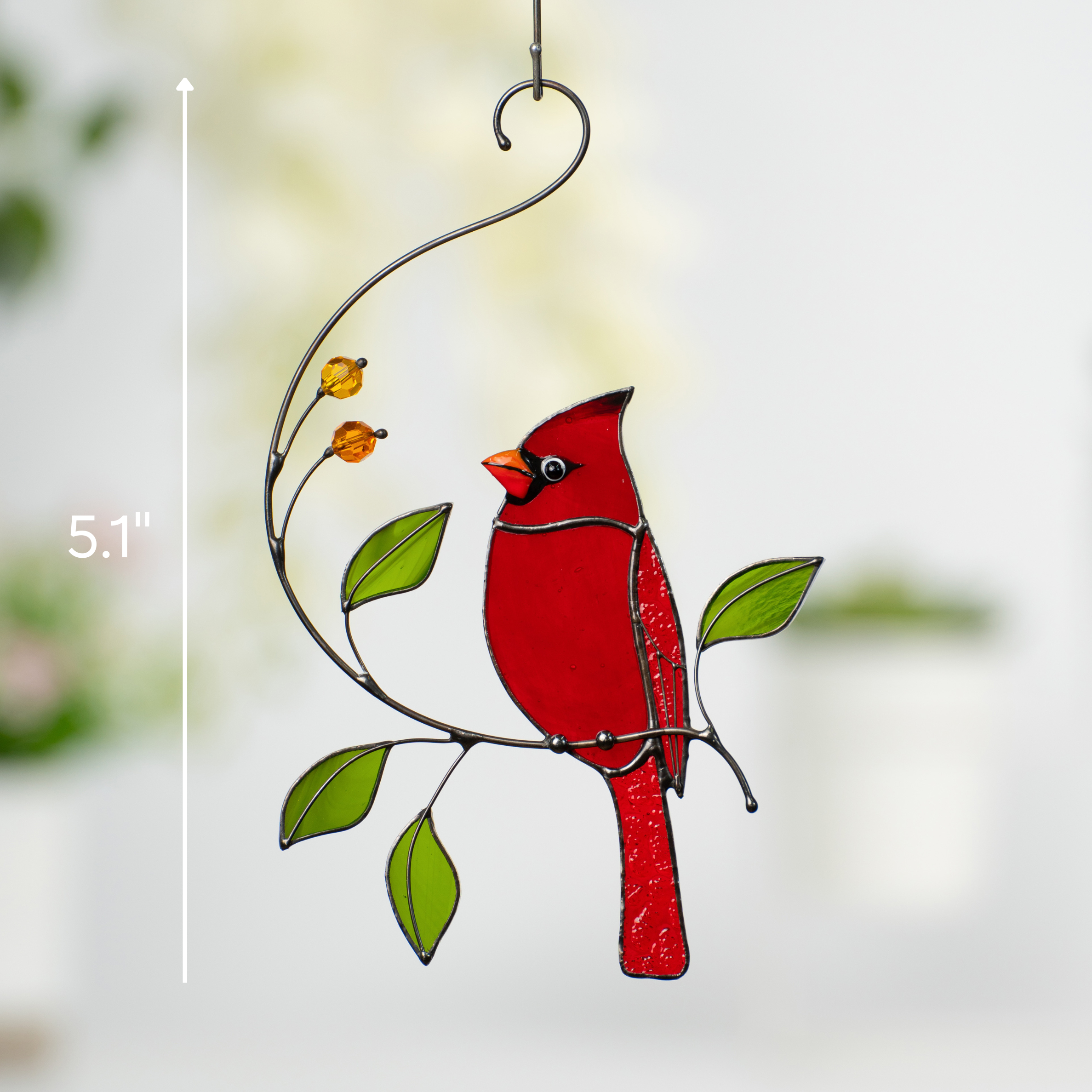 Red stained glass cardinal on branch with green leaves, with height marked as 5.1 inches.