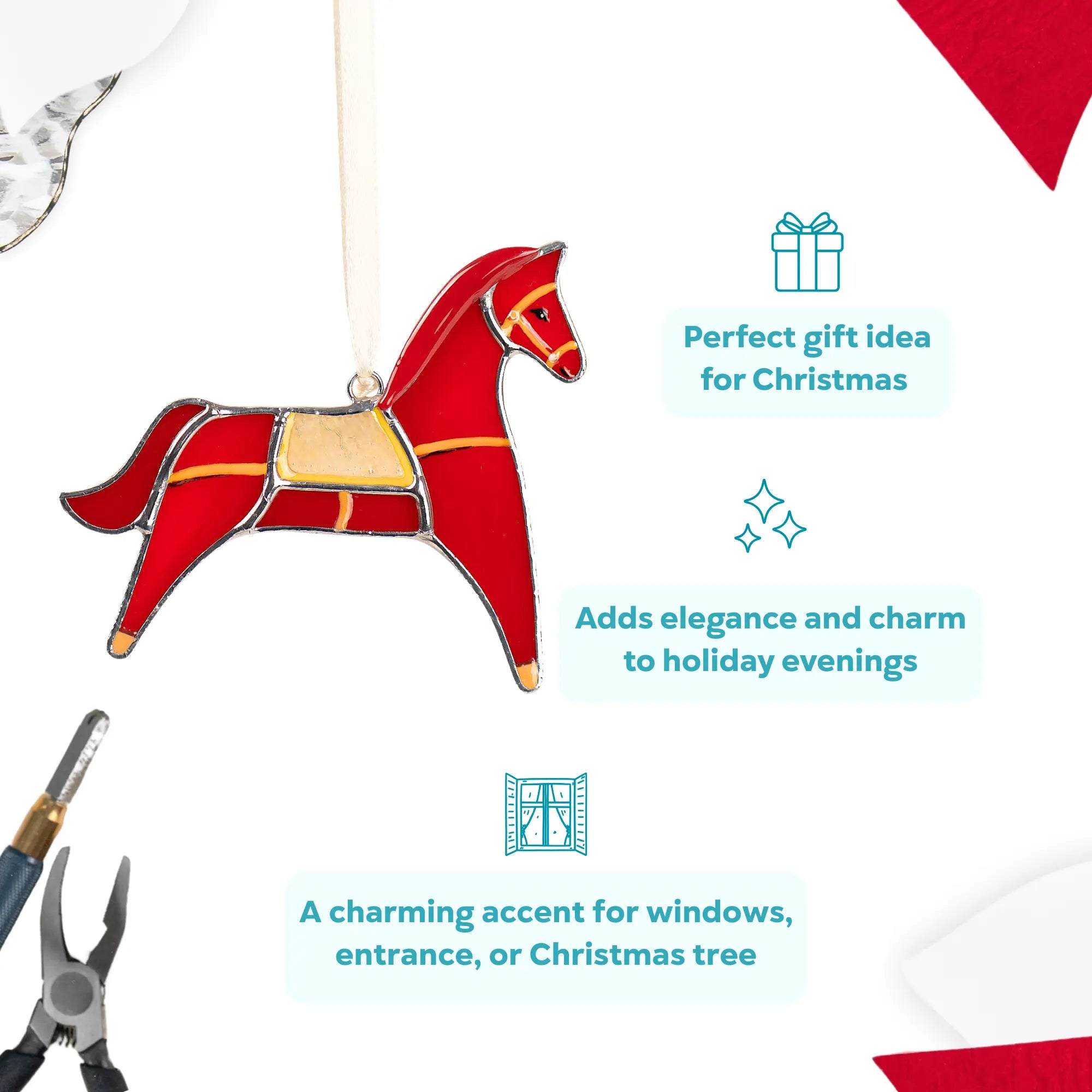 Red horse stained glass ornament as a perfect gift idea for Christmas
