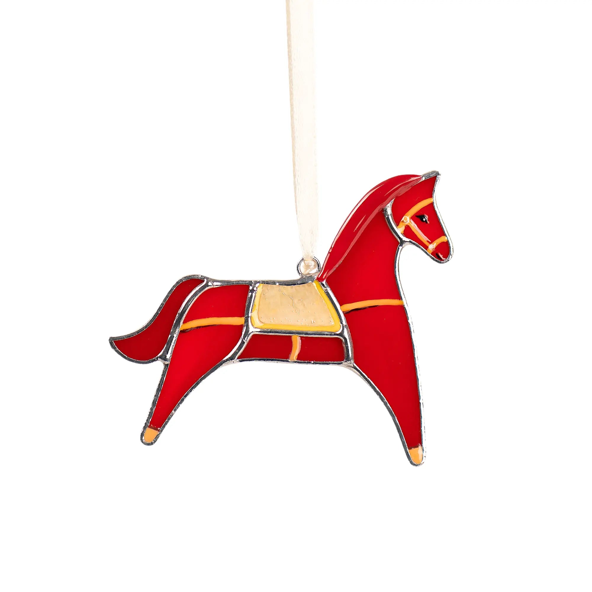 Red horse stained glass Christmas suncatcher on a white background