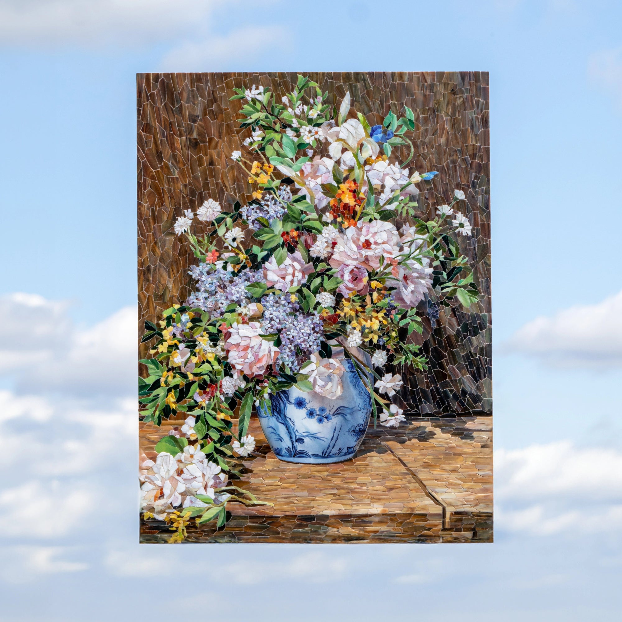 Full view of a stained glass mosaic wall panel inspired by Renoir, depicting a vibrant spring bouquet in a blue vase with rich floral colors and textured glass background.