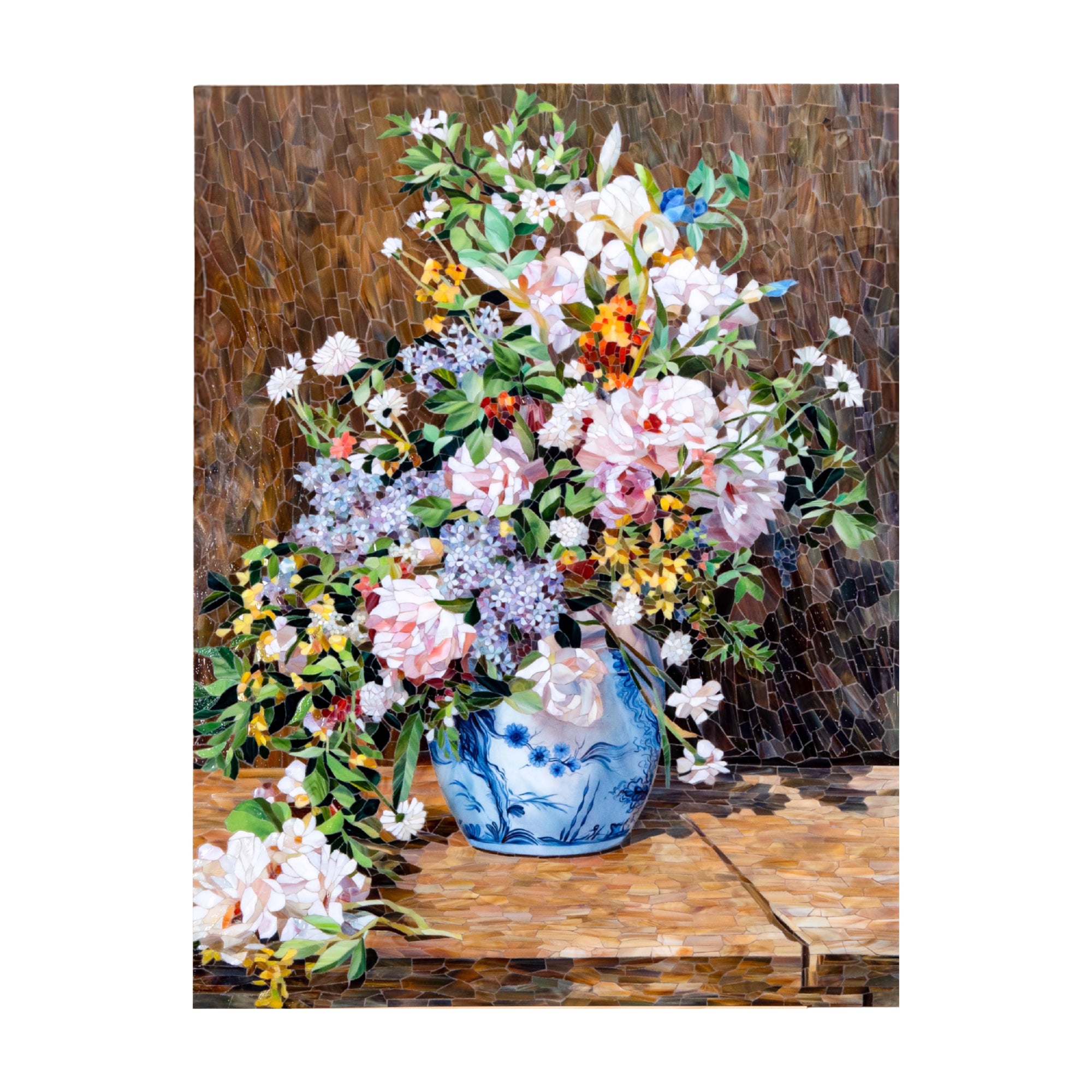 Stained glass mosaic panel inspired by Renoir, showing a lush spring bouquet with roses, lilacs, wildflowers, and greenery arranged in a blue ceramic vase against a warm brown background.