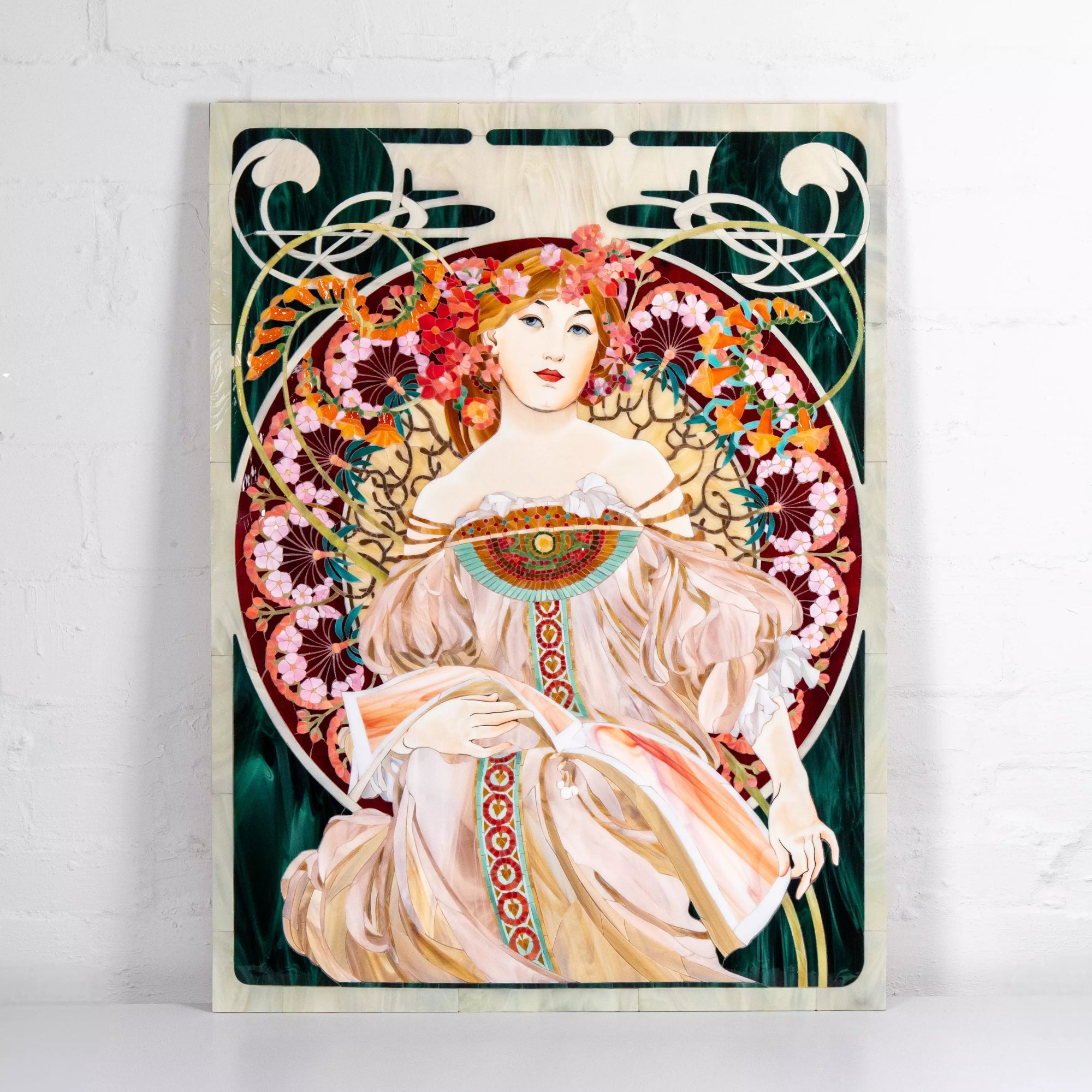 Detailed portrait view of a woman from Riviera by Alphonse Mucha, recreated in mosaic with floral crown and delicate facial features.