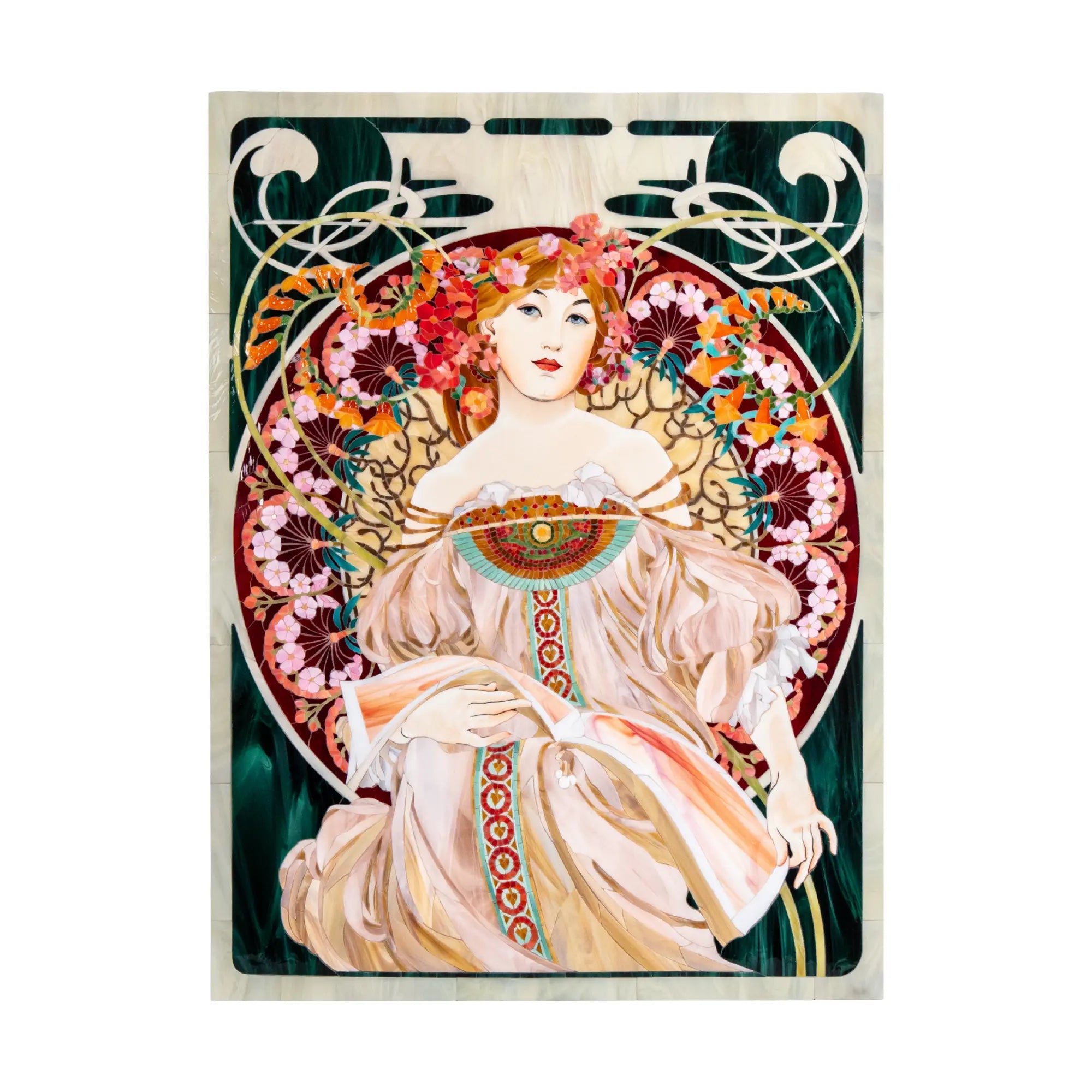Large mosaic wall panel inspired by “Riviera” by Alphonse Mucha, depicting an elegant woman surrounded by flowers and flowing Art Nouveau ornament.
