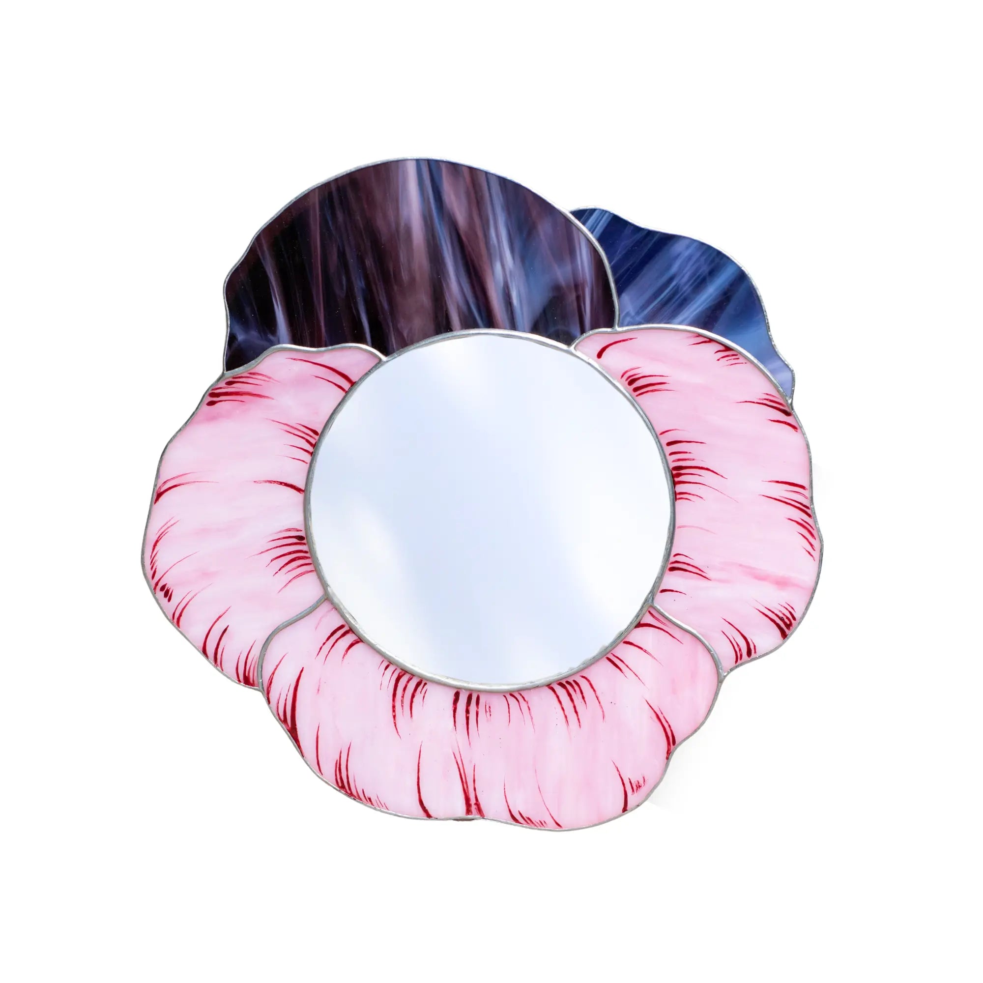 Stained glass mirror with pink and blue floral design on a white background