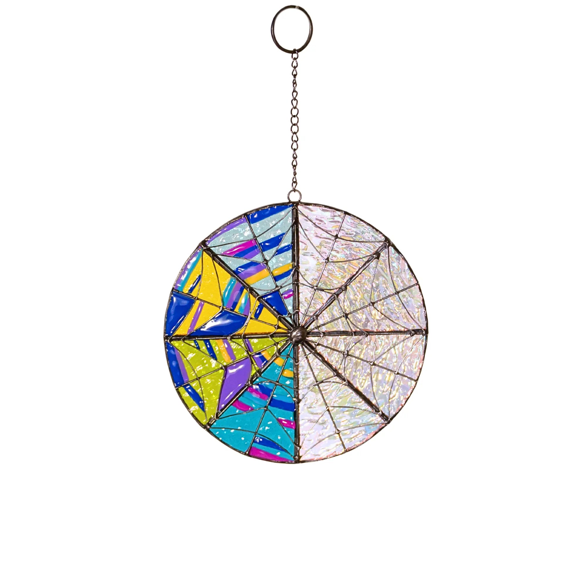 Round stained glass dark academia design on white background with chain
