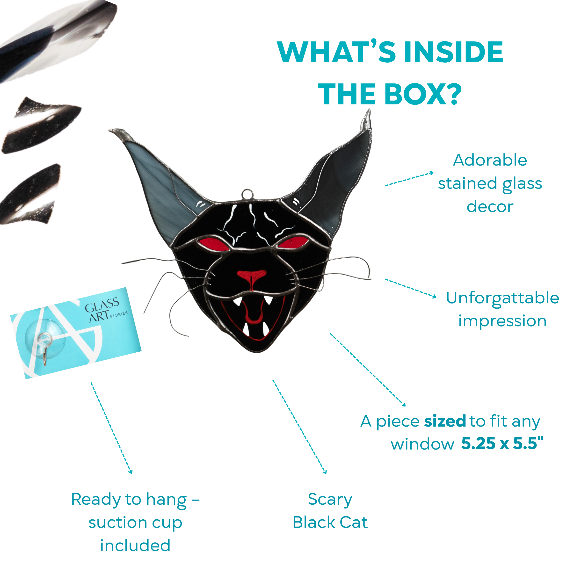 Halloween-themed stained glass black cat with suction cup, red eyes, and sharp teeth shown in box content layout.