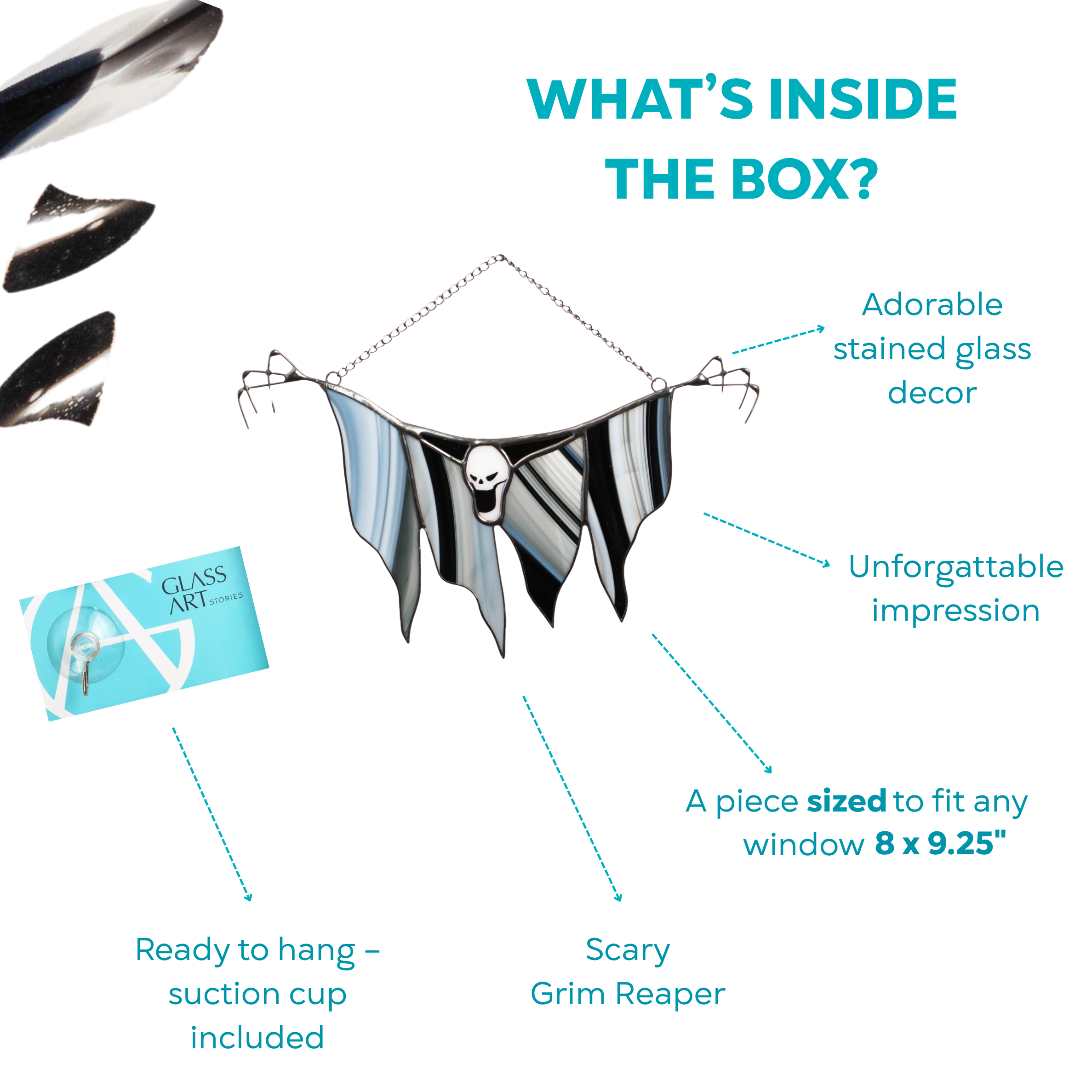 Infographic listing contents of Grim Reaper stained glass box: decor, suction cup, and sizing 8 x 9.25 inches