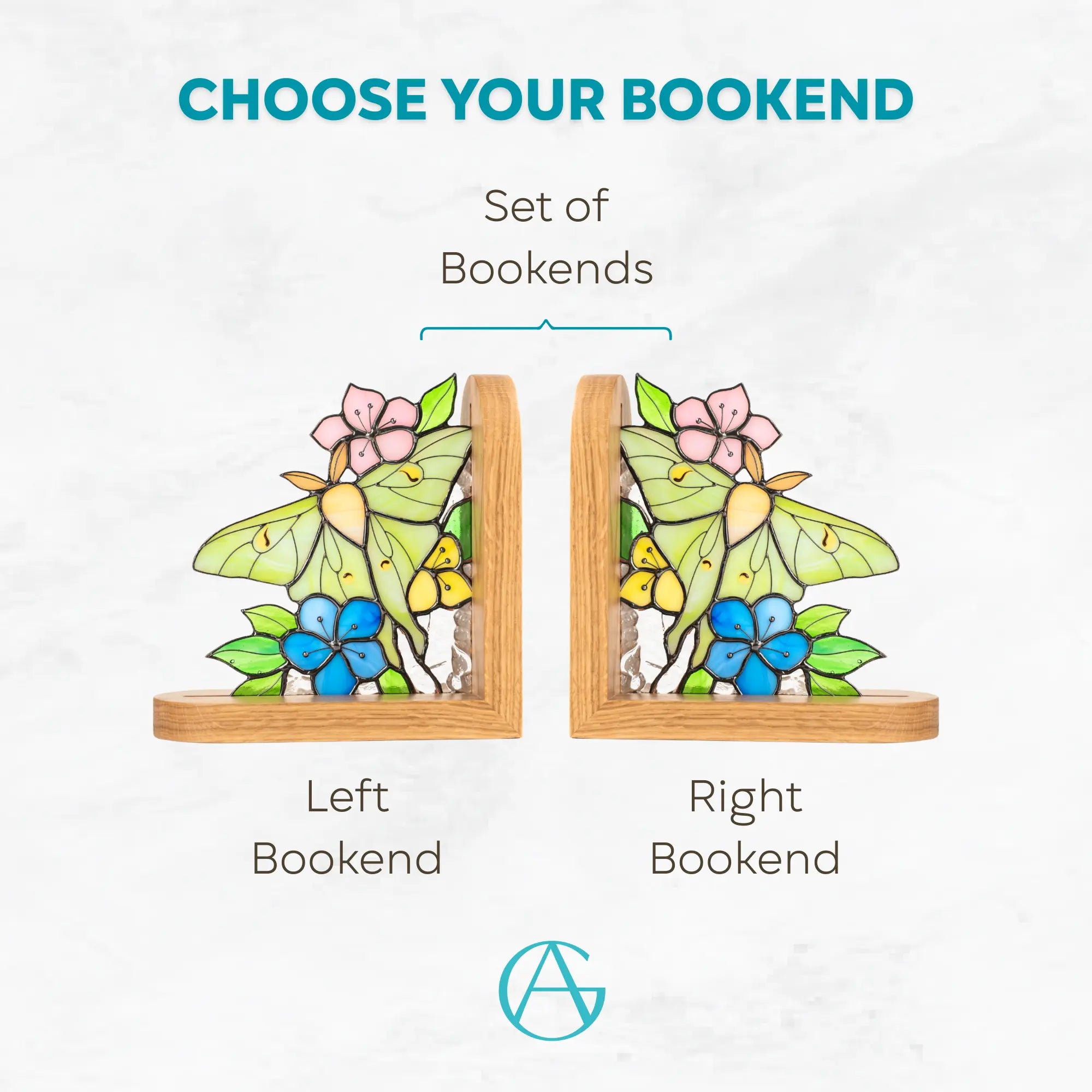 Variation of stained glass bookends with luna moth design: left, right and set of two