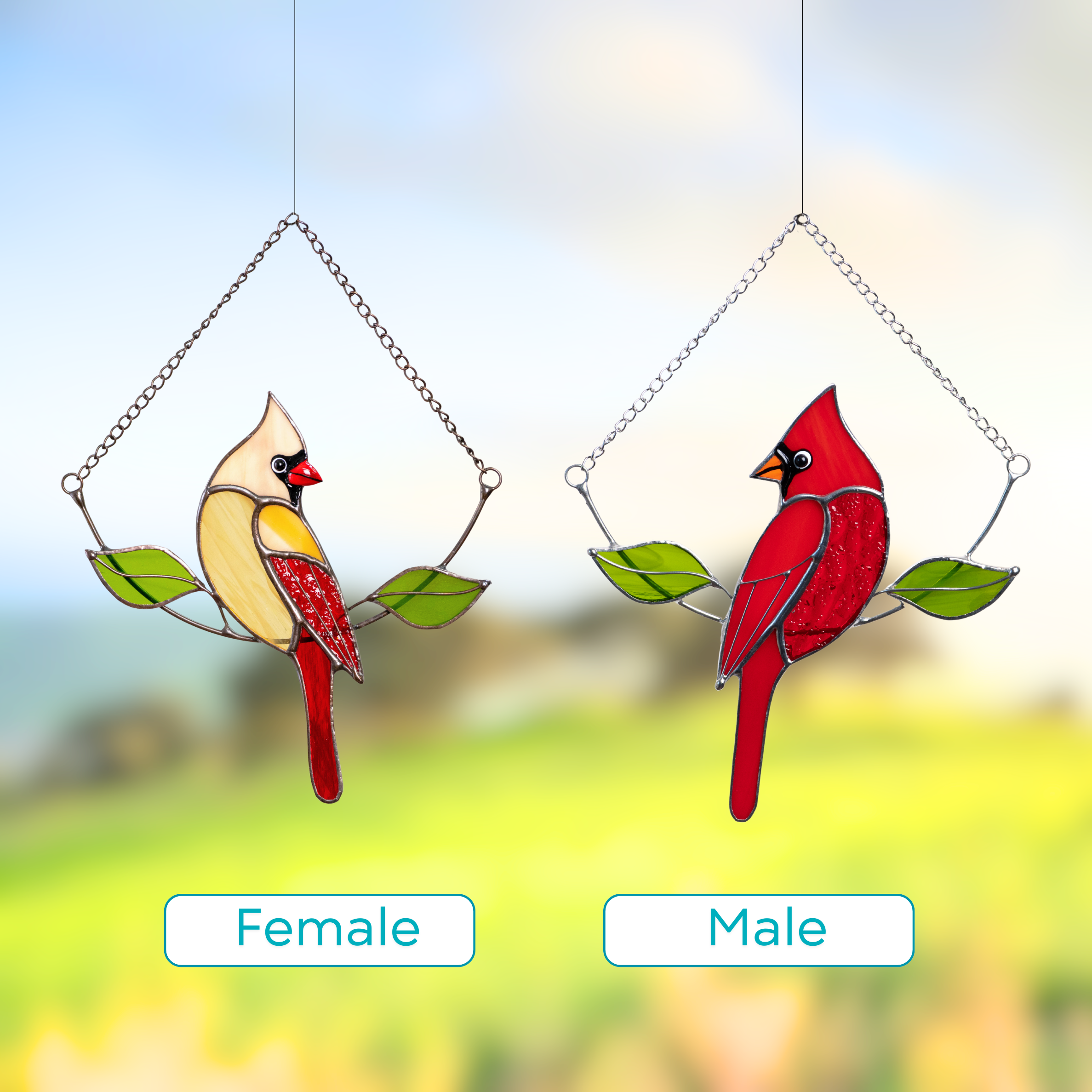 Two stained glass cardinals, one red and one beige, hanging side by side with green leaves