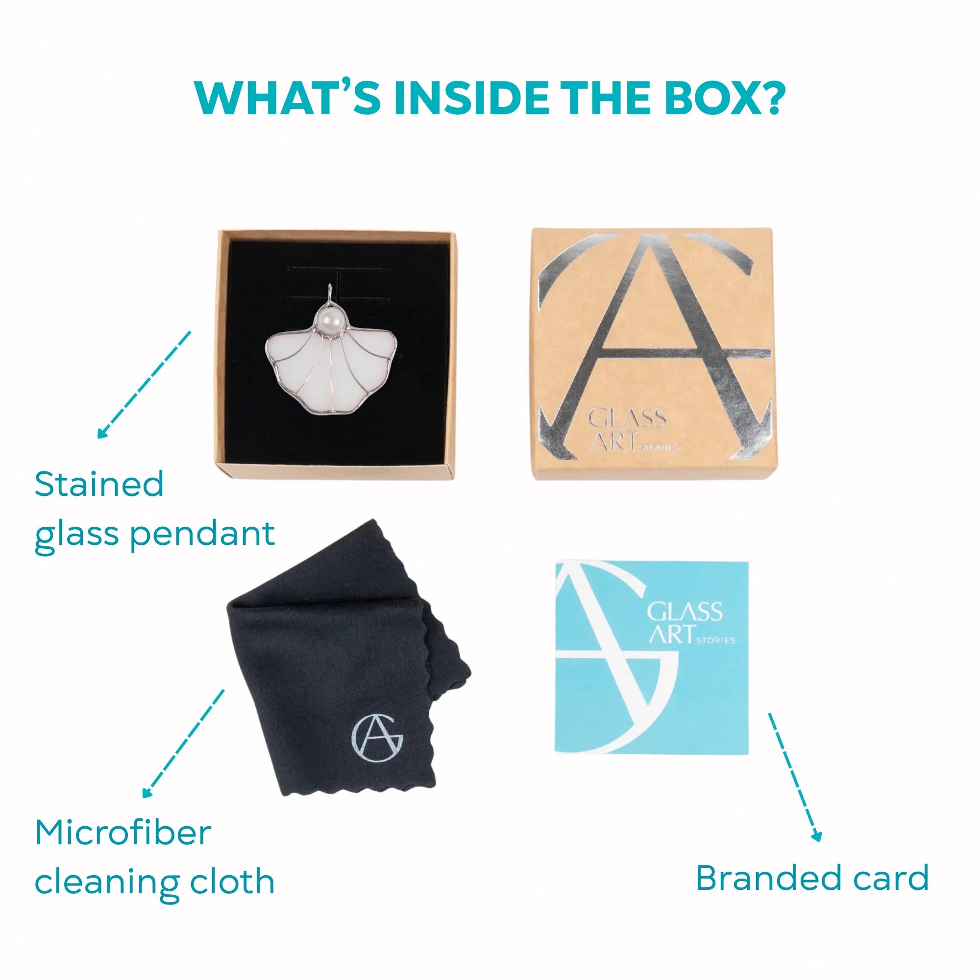 Product packaging with stained glass pendant, microfiber cleaning cloth, and branded card on a white background.