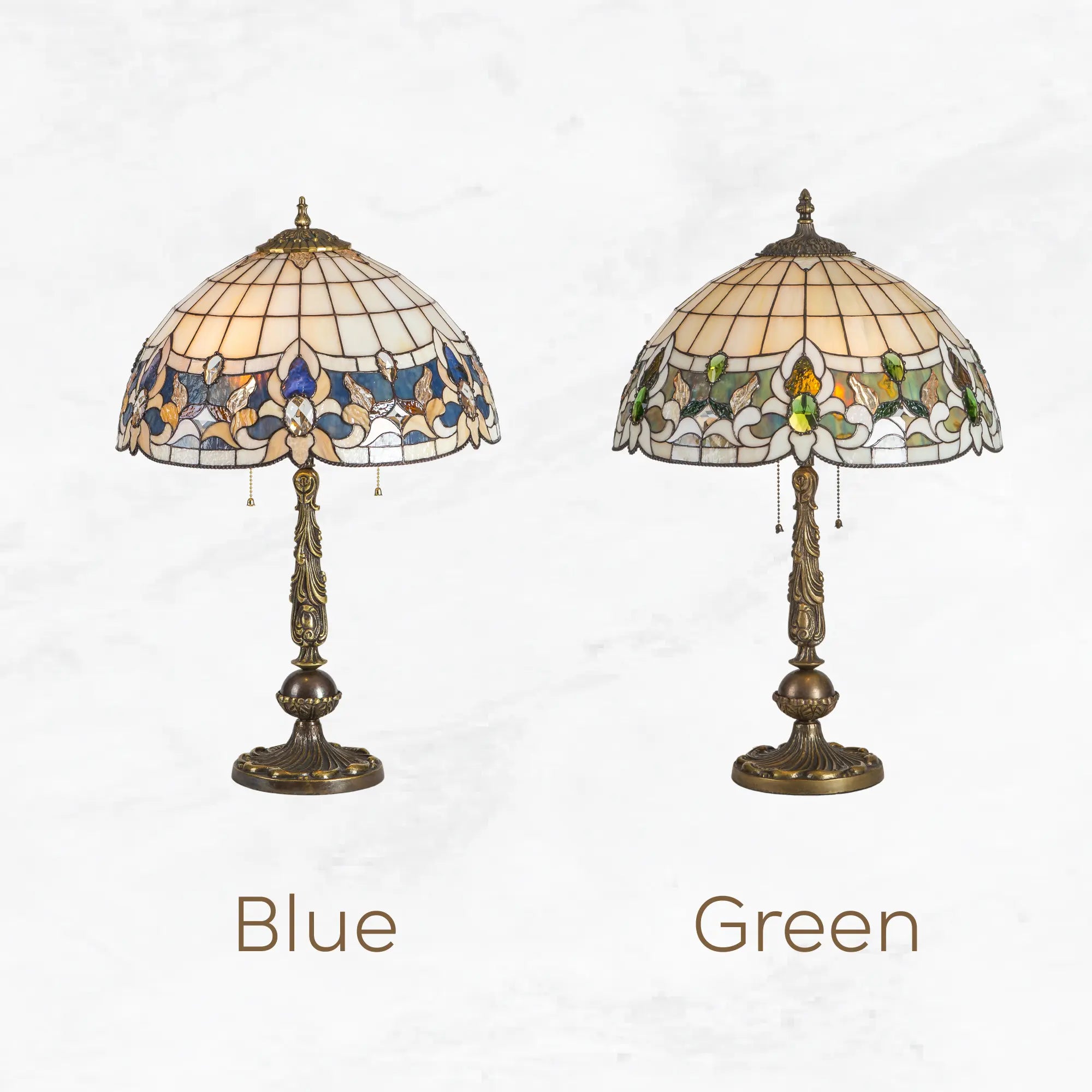 Variation of two Tiffany-style lamps in blue and green versions shown together