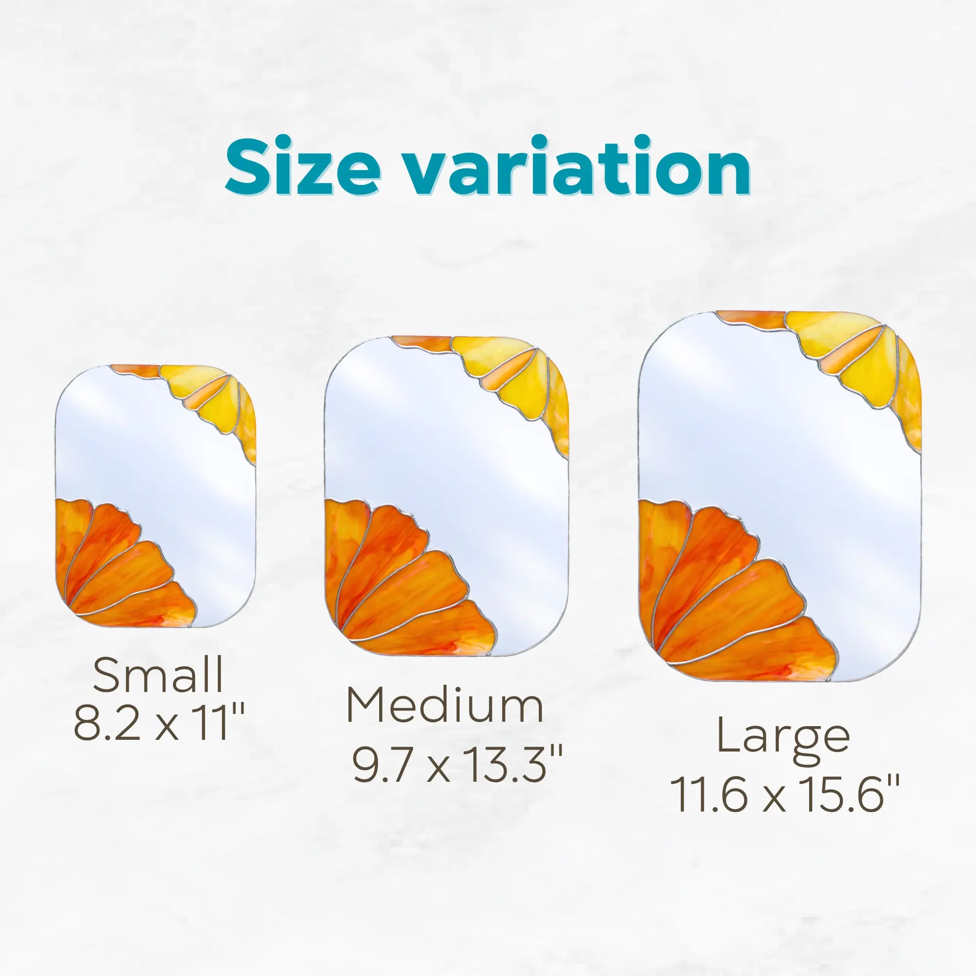 Size comparison chart for small (8.2 x 11"), medium (9.7" x 13.3"), and large (11.6" x 15.6") mirrors with floral design on a white background.