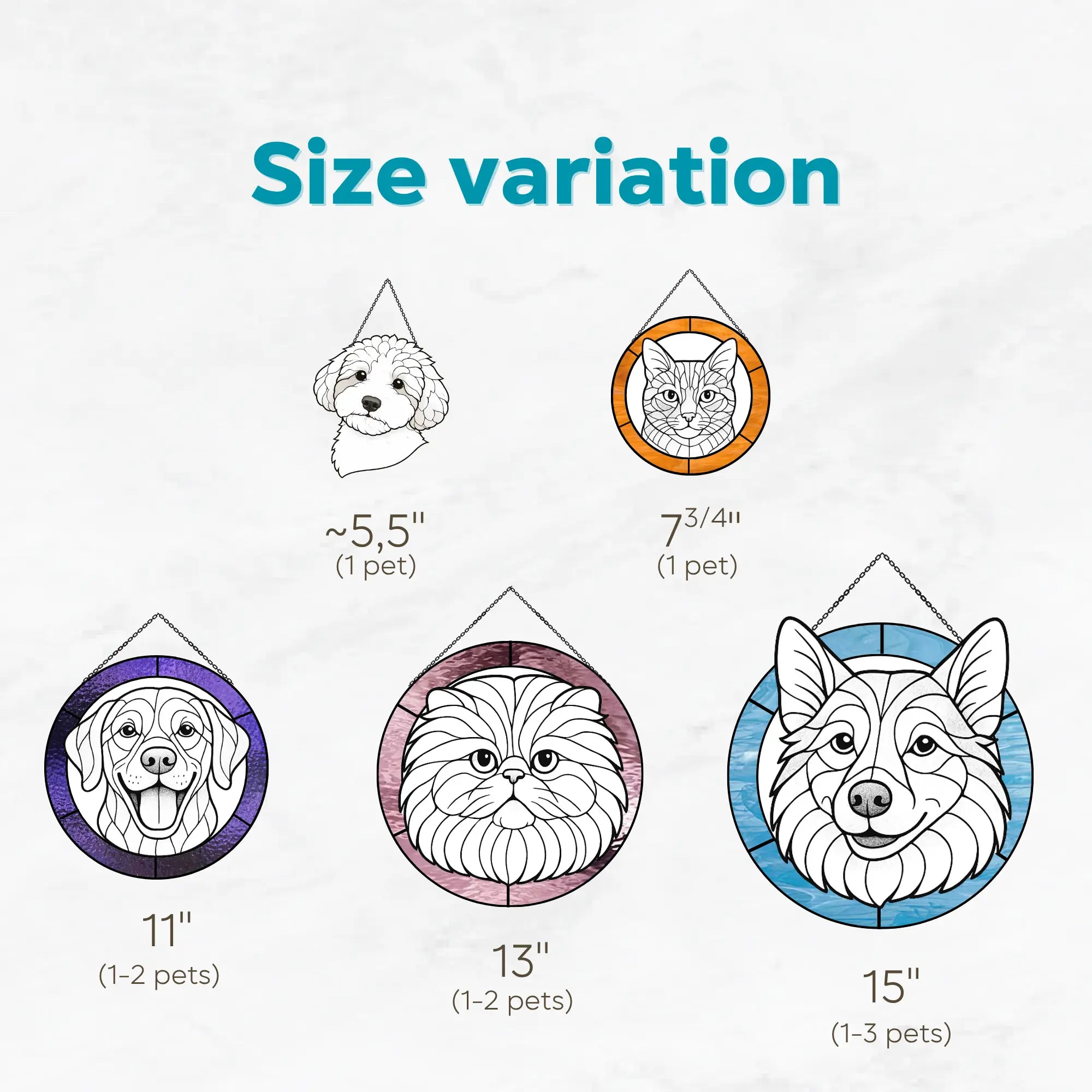 Size variation of different stained glass pet portrait panels and suncatcher