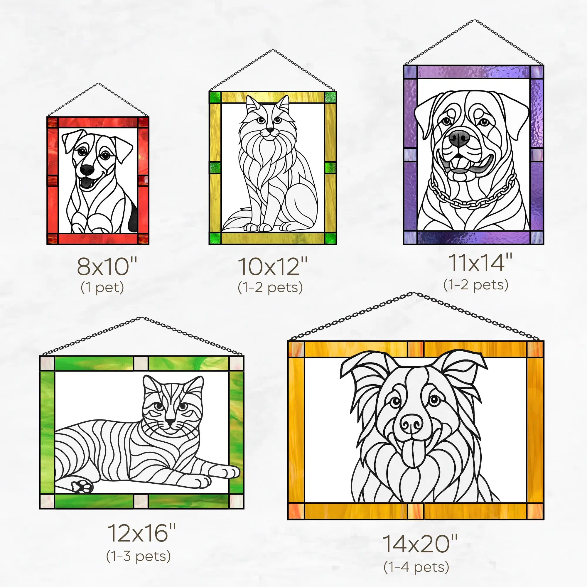 Variation of pet portraits in various frame sizes with dimensions and pet quantity per size.