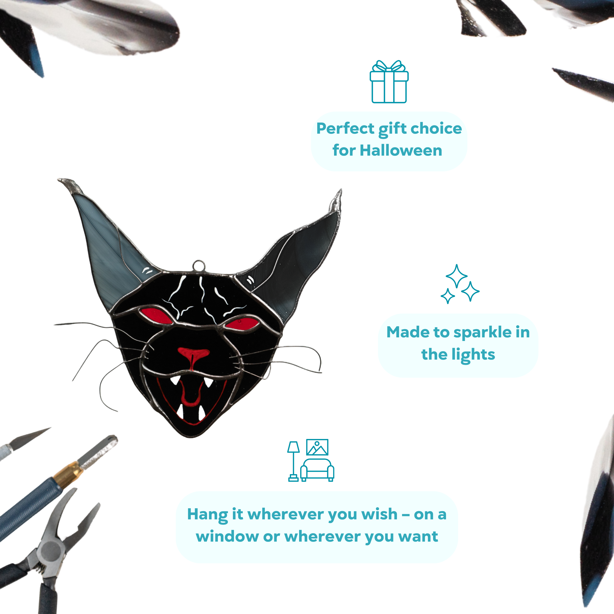 Stained glass Halloween black cat with glowing red eyes and sharp fangs, featuring it as a perfect choice for Halloween.