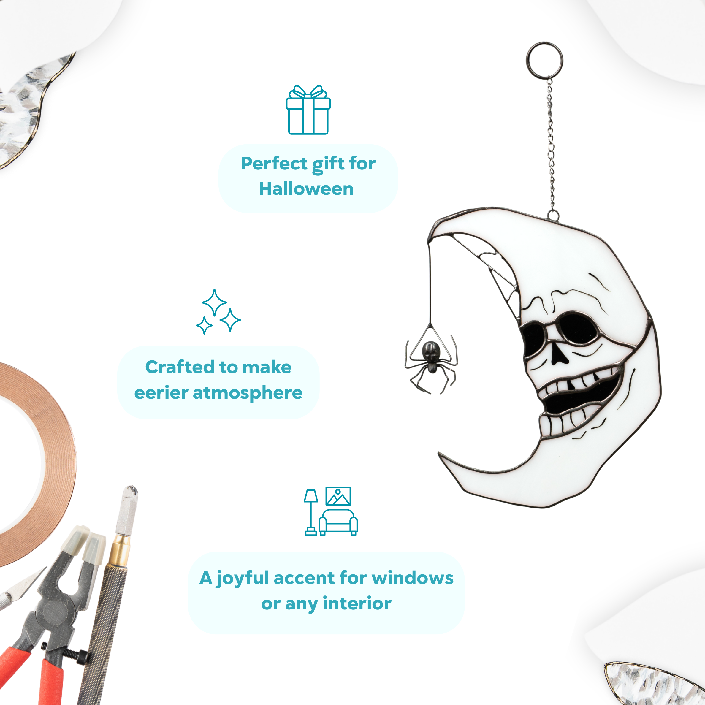 Moon suncatcher with a skeleton face and a dangling spider, displayed as Perfect gift for Halloween