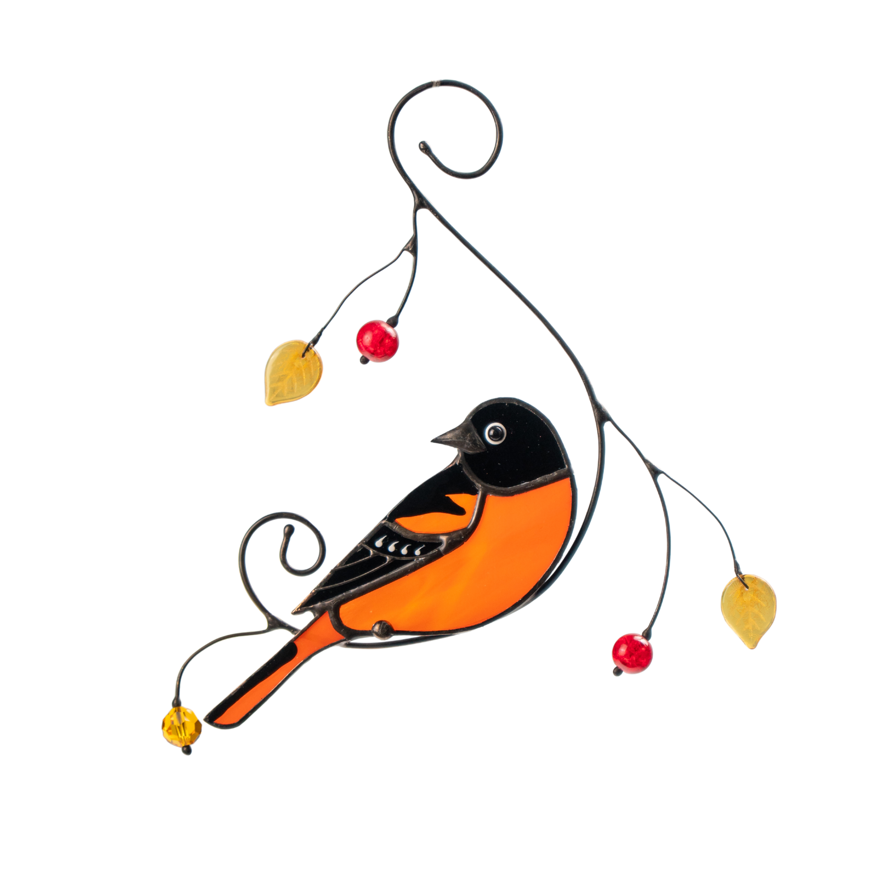 Baltimore oriole stained glass suncatcher hanging, decorated with red beads and yellow glass leaves