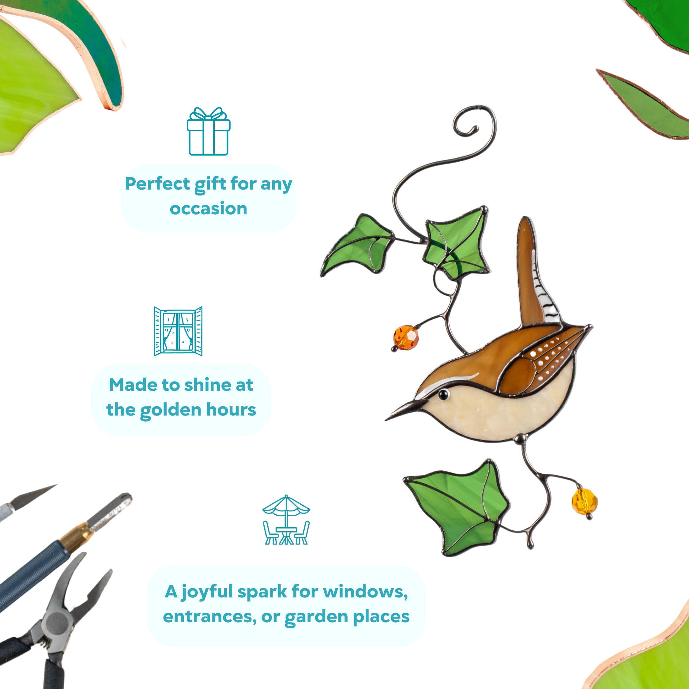Hanging Carolina wren stained glass bird with ivy leaves and orange beads on a white background as a perfect gift.